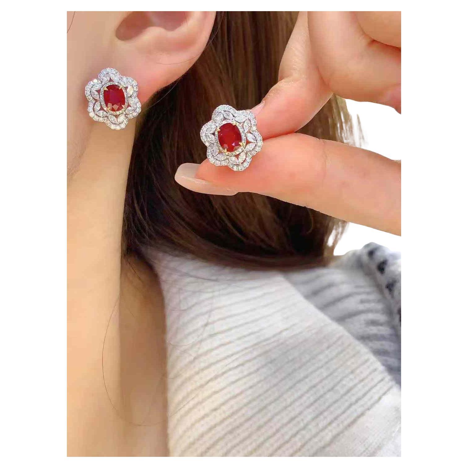 2ct Ruby 
1.23ct Diamond 18K Solid Gold Stud Earrings For Sale