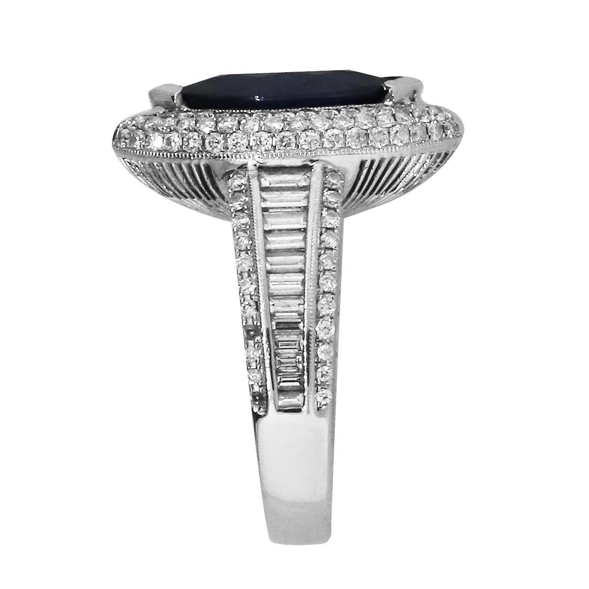 Material: 18k White Gold
Diamond Details: Approximately 1.50ctw round brilliant diamonds. Diamonds are G/H in color and VS in clarity
Gemstone Details: Approximately 2ct Marquise shape sapphire gemstone
Ring Size: 5
Ring Measurements: 0.80″ x 0.70″