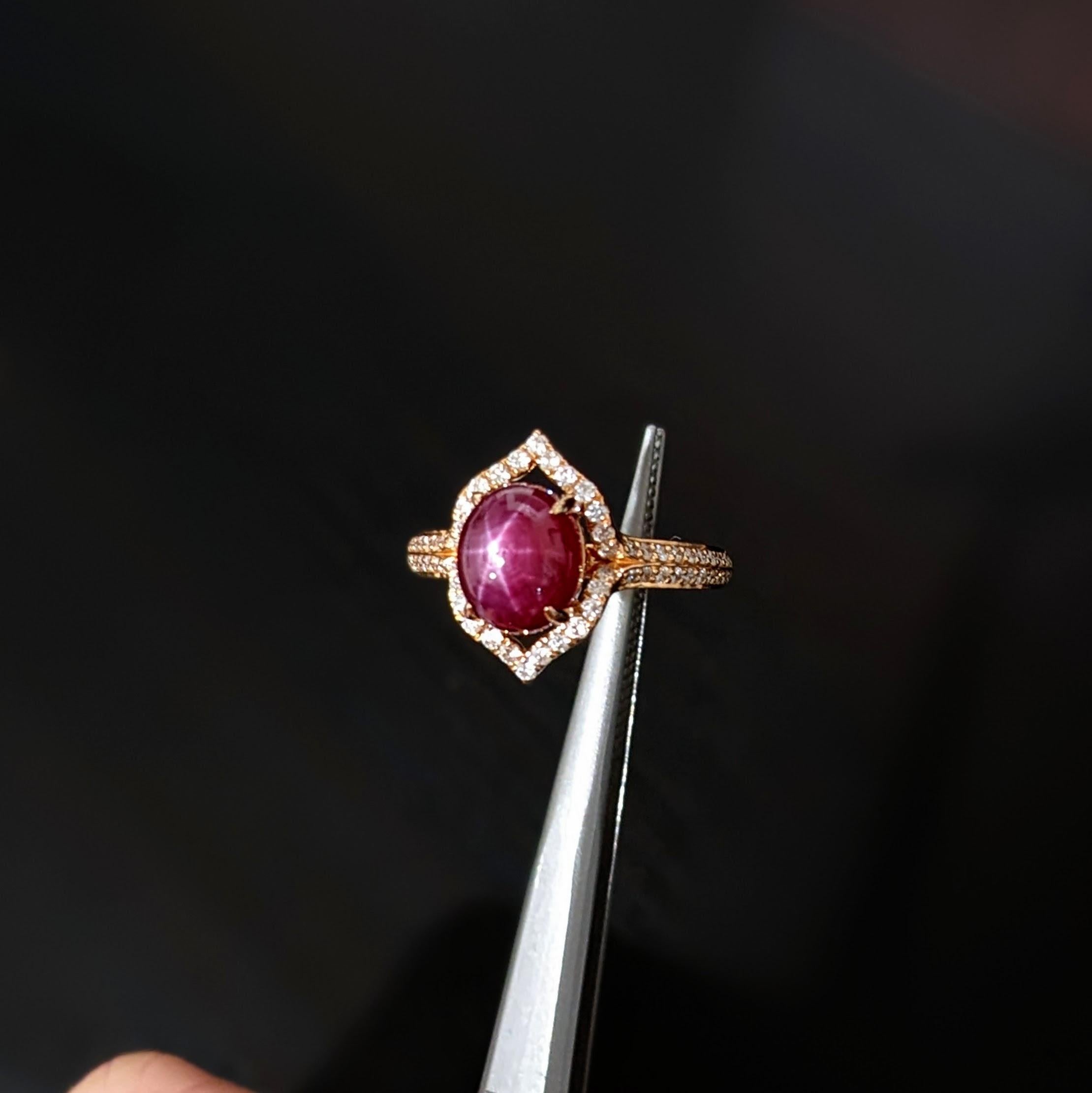 Art Deco 2ct Star Ruby Ring w Earth Mined Diamonds in Solid 14K Rose Gold Oval 9x7mm For Sale