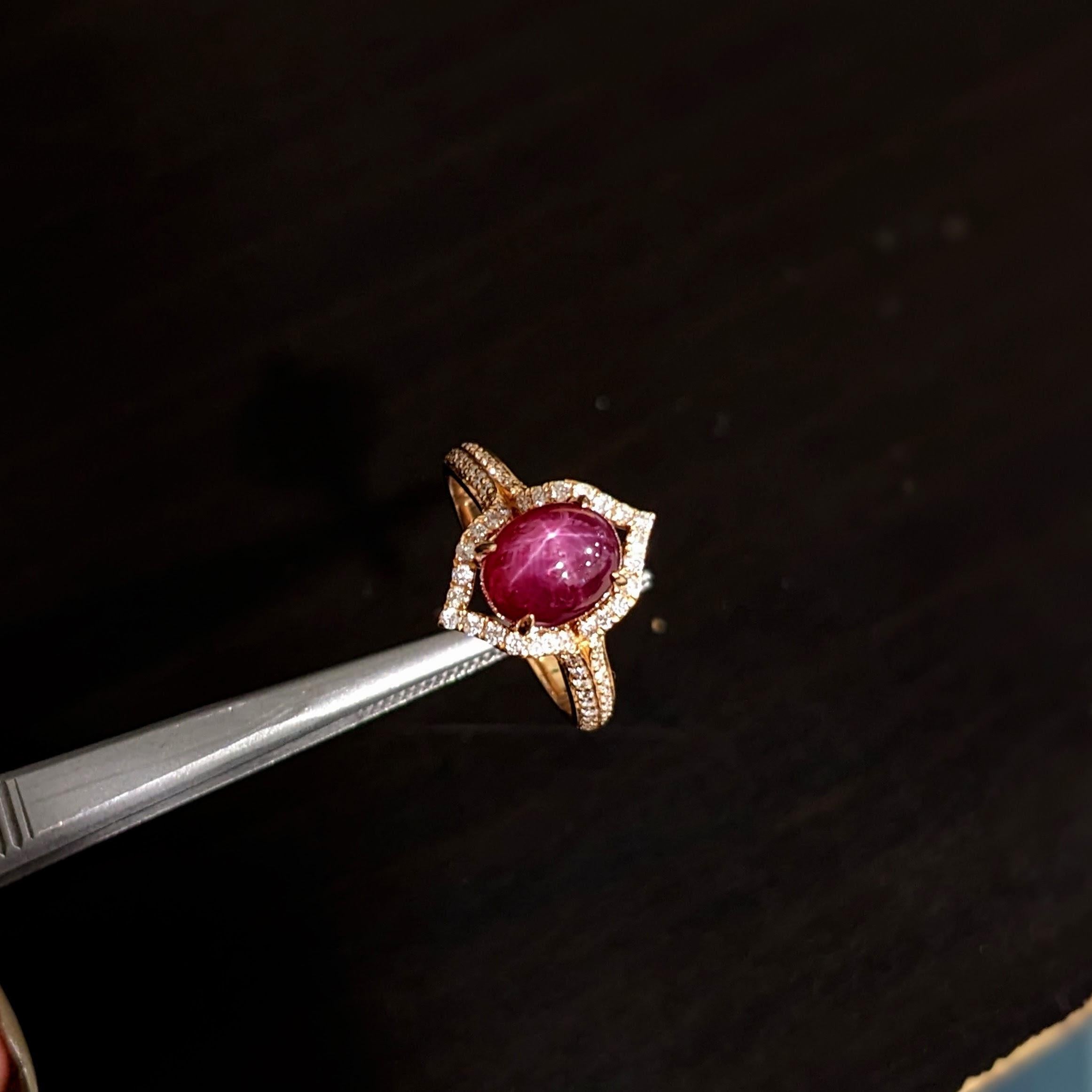 Oval Cut 2ct Star Ruby Ring w Earth Mined Diamonds in Solid 14K Rose Gold Oval 9x7mm For Sale