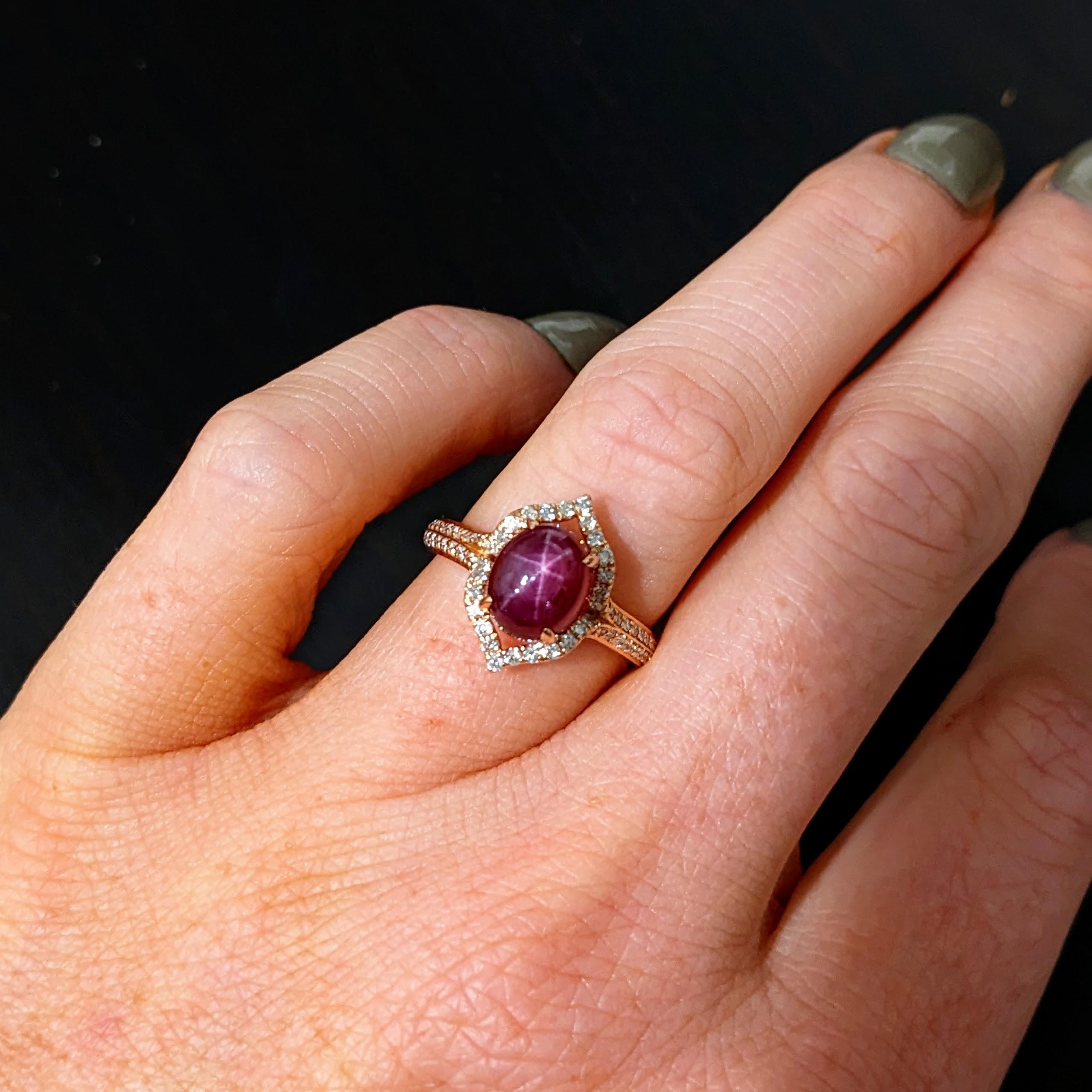 2ct Star Ruby Ring w Earth Mined Diamonds in Solid 14K Rose Gold Oval 9x7mm In New Condition For Sale In Columbus, OH