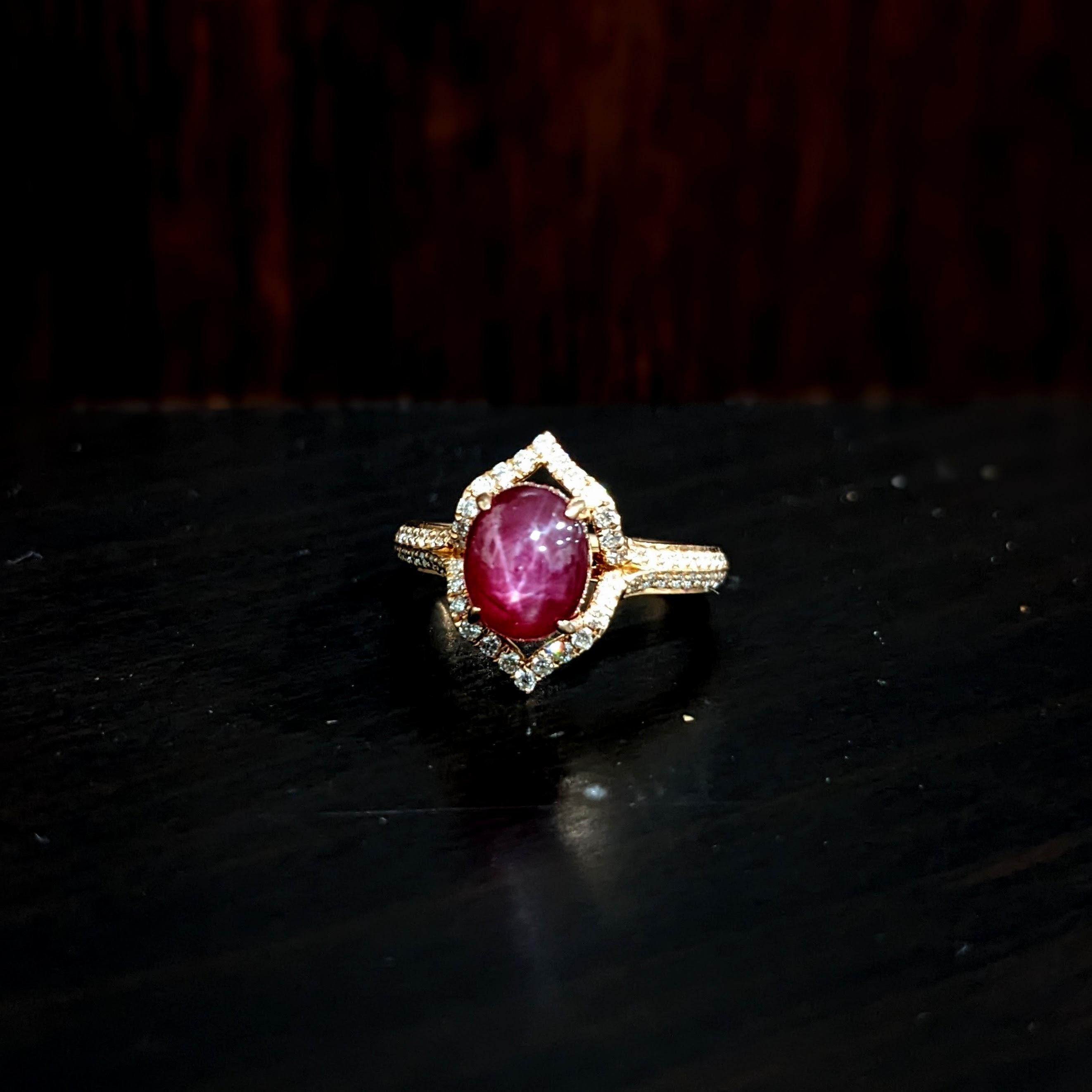 2ct Star Ruby Ring w Earth Mined Diamonds in Solid 14K Rose Gold Oval 9x7mm For Sale 1