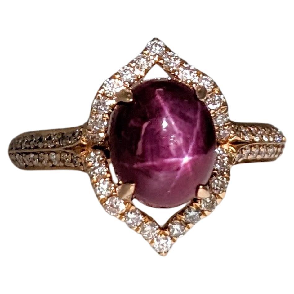 2ct Star Ruby Ring w Earth Mined Diamonds in Solid 14K Rose Gold Oval 9x7mm For Sale