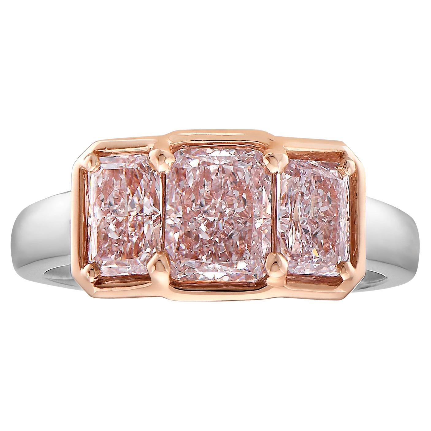 Light Pink VVS-Flawless Elongated Radiant Cut Diamond Three Stone Ring For Sale