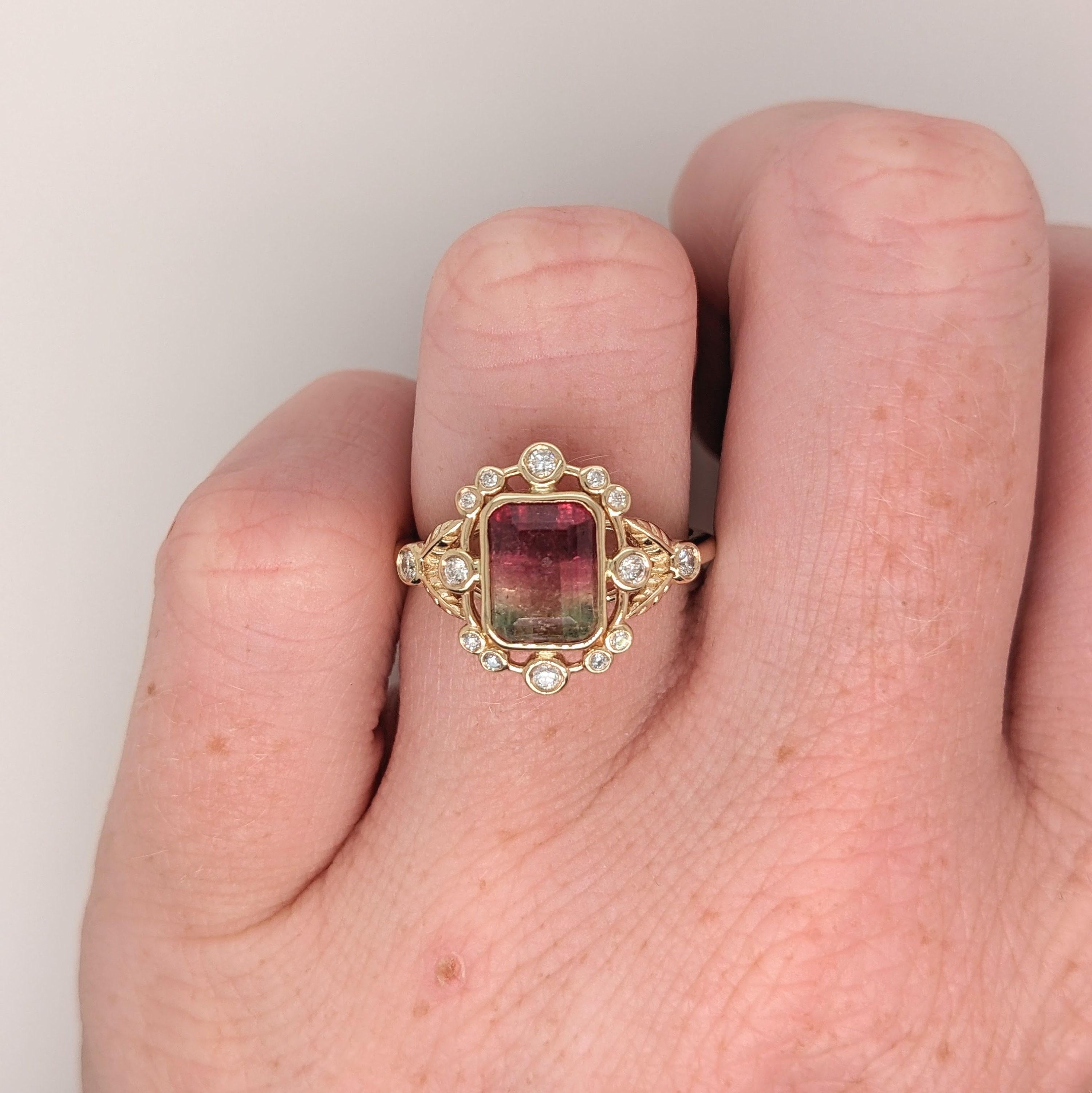 A gorgeous watermelon tourmaline emerald cut and bezel set in a lovely 14k yellow gold setting with natural diamond accents. A beautiful collection piece that is perfect for every occasion.  💕

Specifications

Item Type: Ring
Center