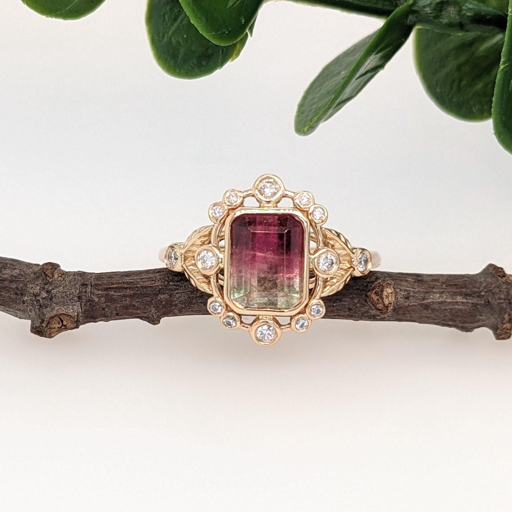 Emerald Cut 2ct Watermelon Tourmaline Ring w Earth Mined Diamonds in Solid 14K Gold EM 8x6mm For Sale