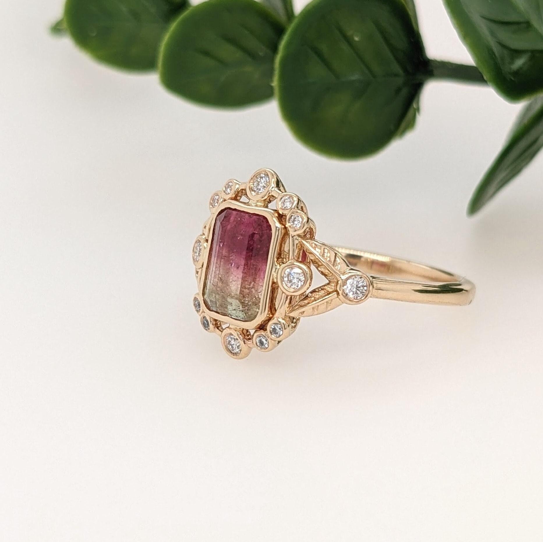 2ct Watermelon Tourmaline Ring w Earth Mined Diamonds in Solid 14K Gold EM 8x6mm In New Condition For Sale In Columbus, OH