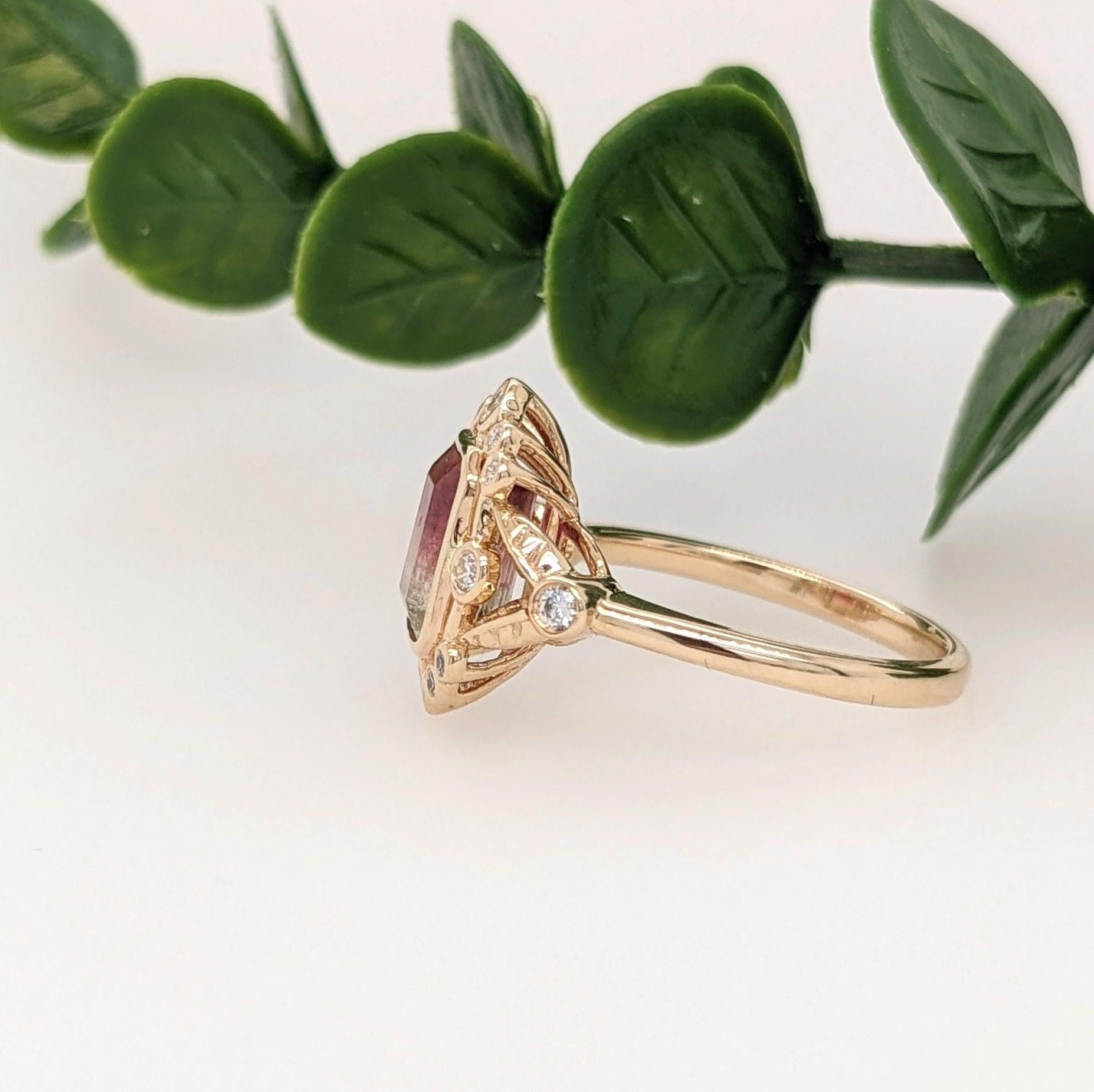  Bague tourmaline melon d'eau 2 carats avec diamants extraits de la terre en or massif 14 carats EM 8 x 6 mm Pour femmes 