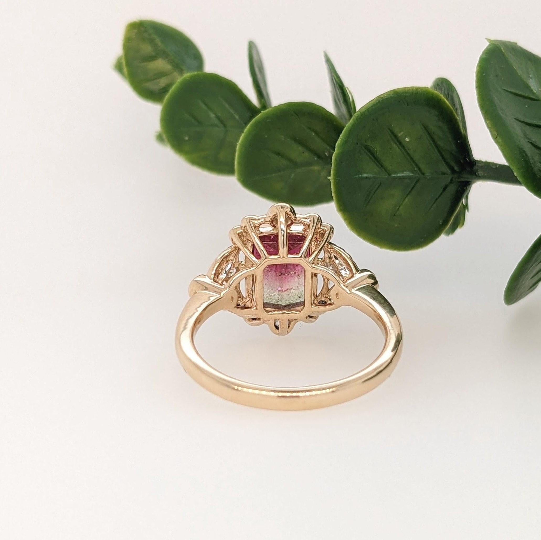 Bague tourmaline melon d'eau 2 carats avec diamants extraits de la terre en or massif 14 carats EM 8 x 6 mm 1