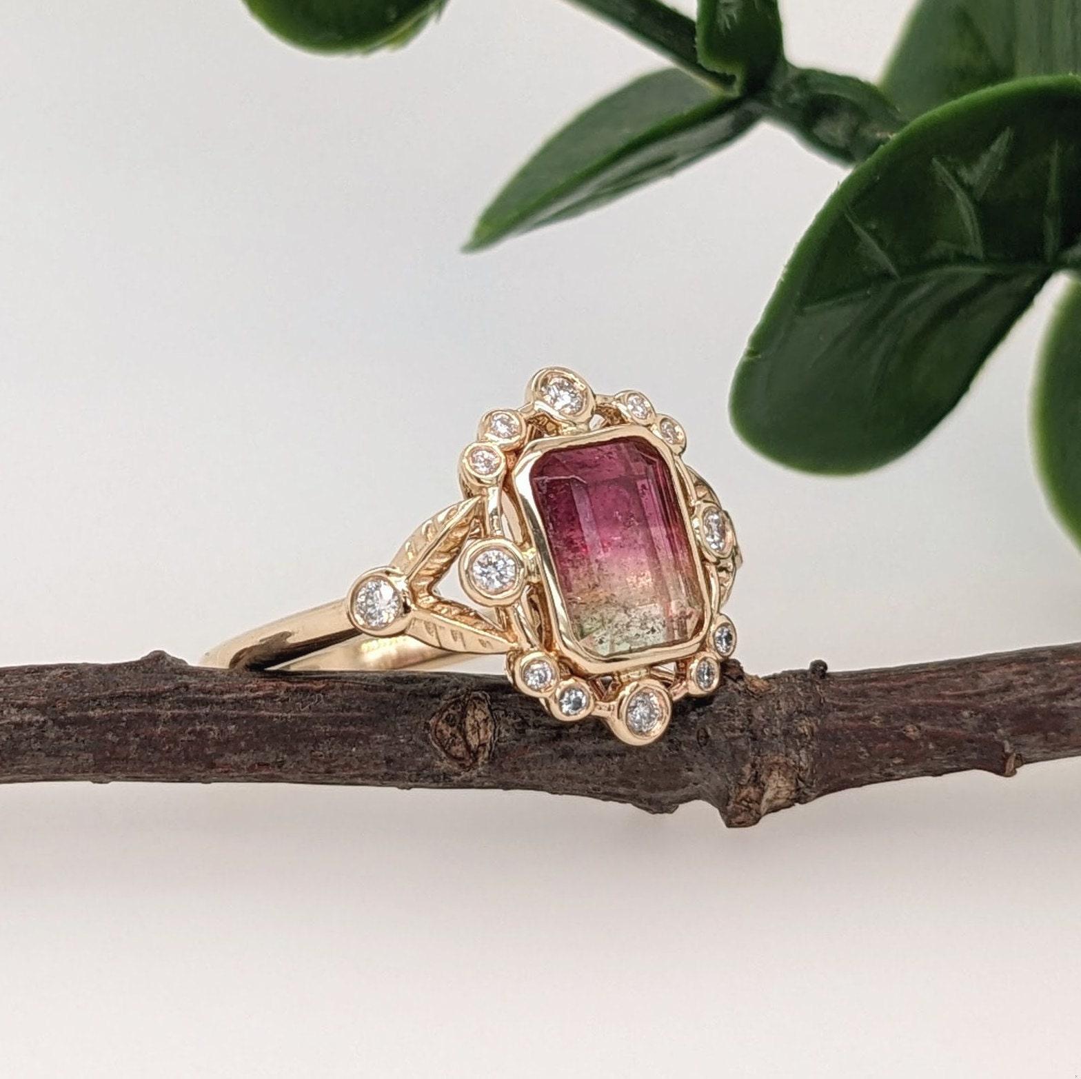 2ct Watermelon Tourmaline Ring w Earth Mined Diamonds in Solid 14K Gold EM 8x6mm For Sale 2