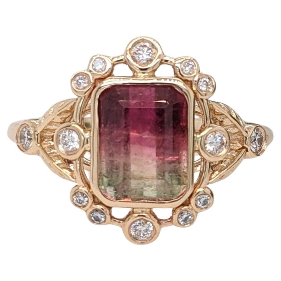 2ct Watermelon Tourmaline Ring w Earth Mined Diamonds in Solid 14K Gold EM 8x6mm For Sale