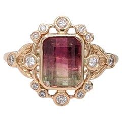 Bague tourmaline melon d'eau 2 carats avec diamants extraits de la terre en or massif 14 carats EM 8 x 6 mm