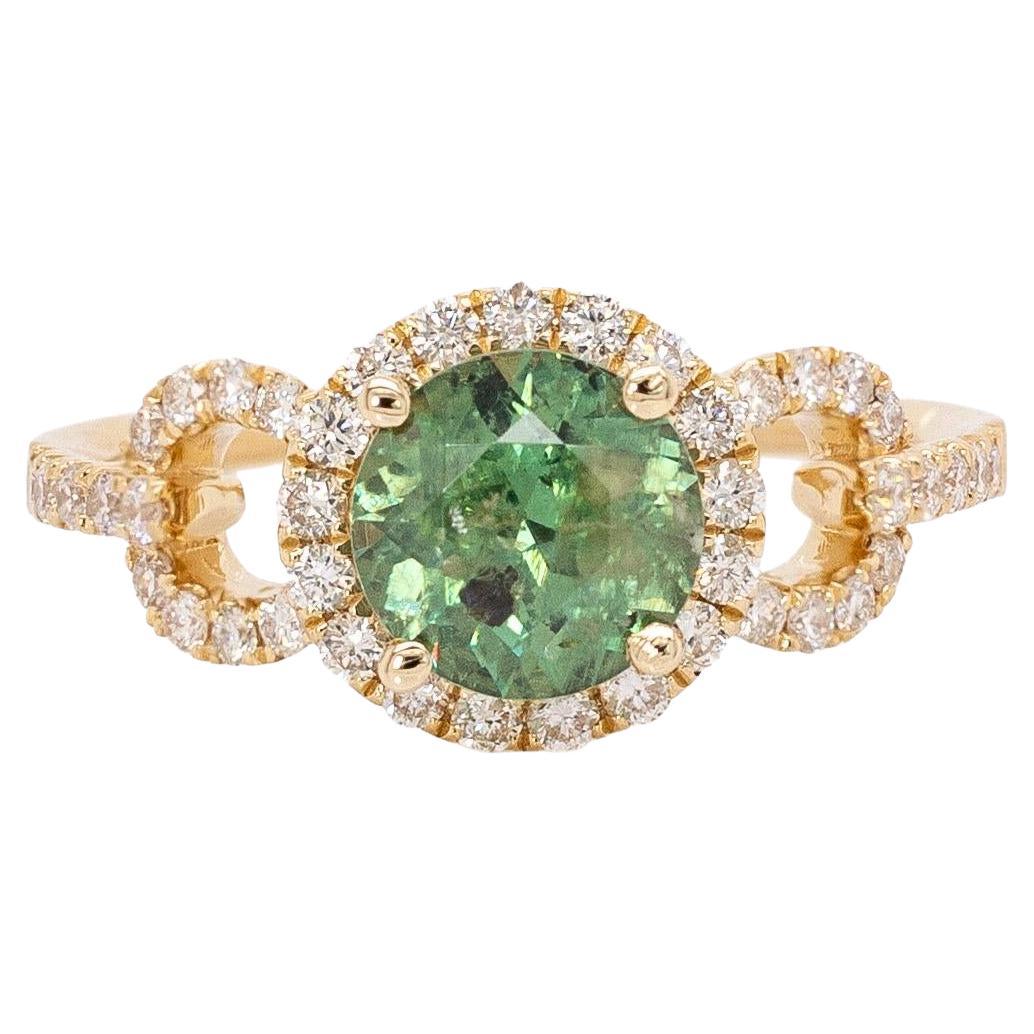 Bague démantoïde 2cts avec halo de diamants minés en terre : or massif 14k, rond 6.5mm