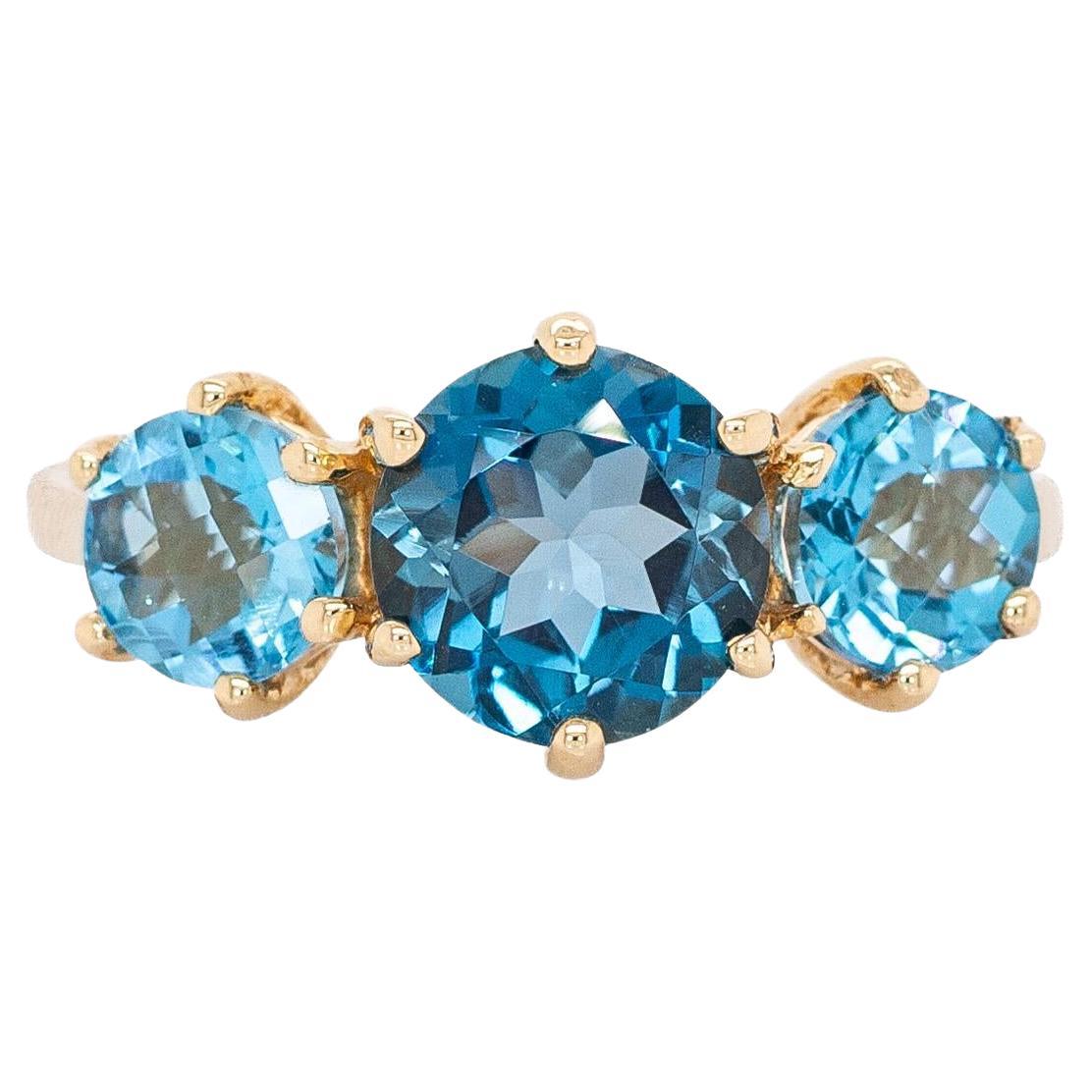 Anello con Topazio Blu di Londra da 2 carati: oro massiccio 14k, incastonatura a tre pietre  8mm