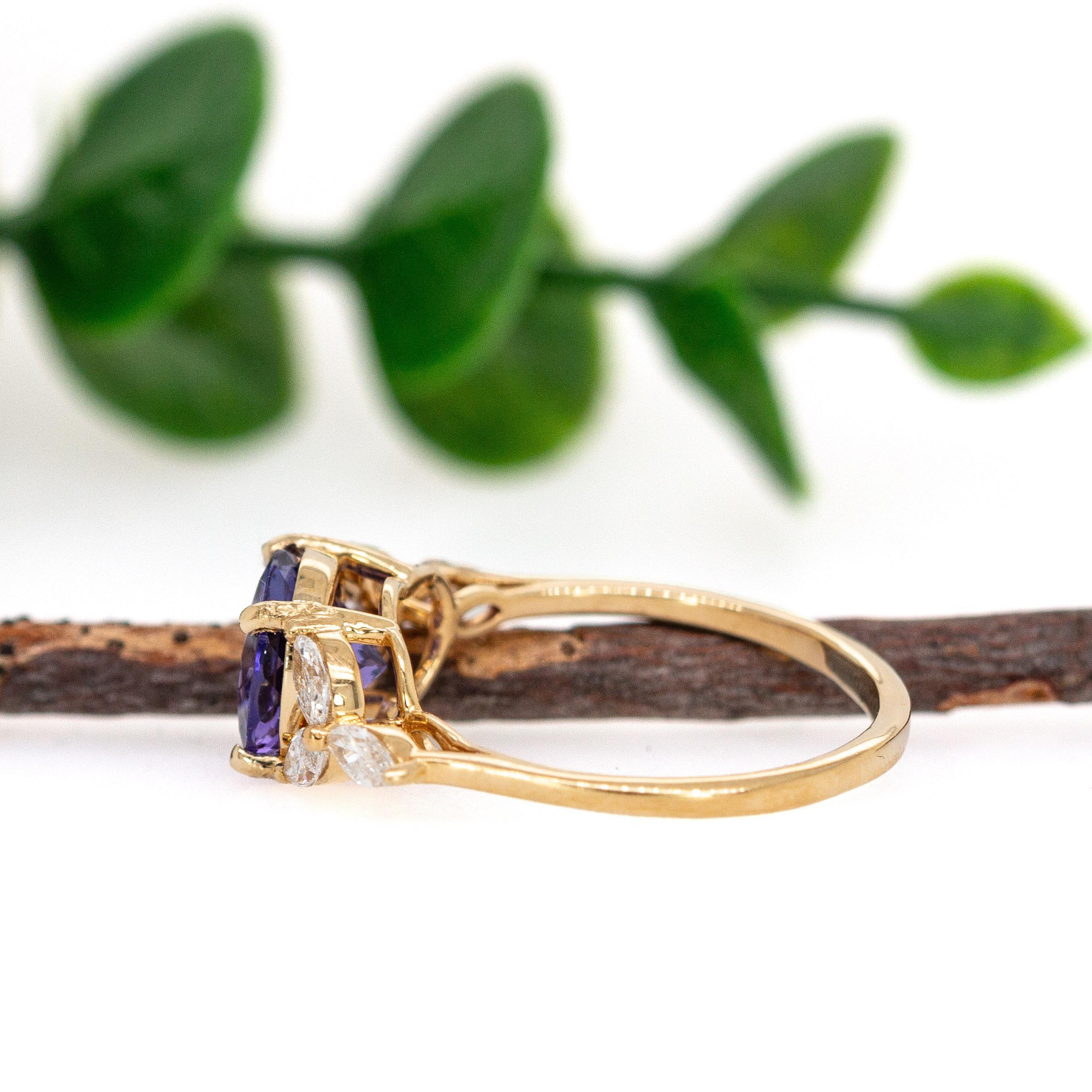 Donna Tanzanite da 2 carati e diamanti naturali in oro giallo massiccio 14K  RD 8 mm in vendita