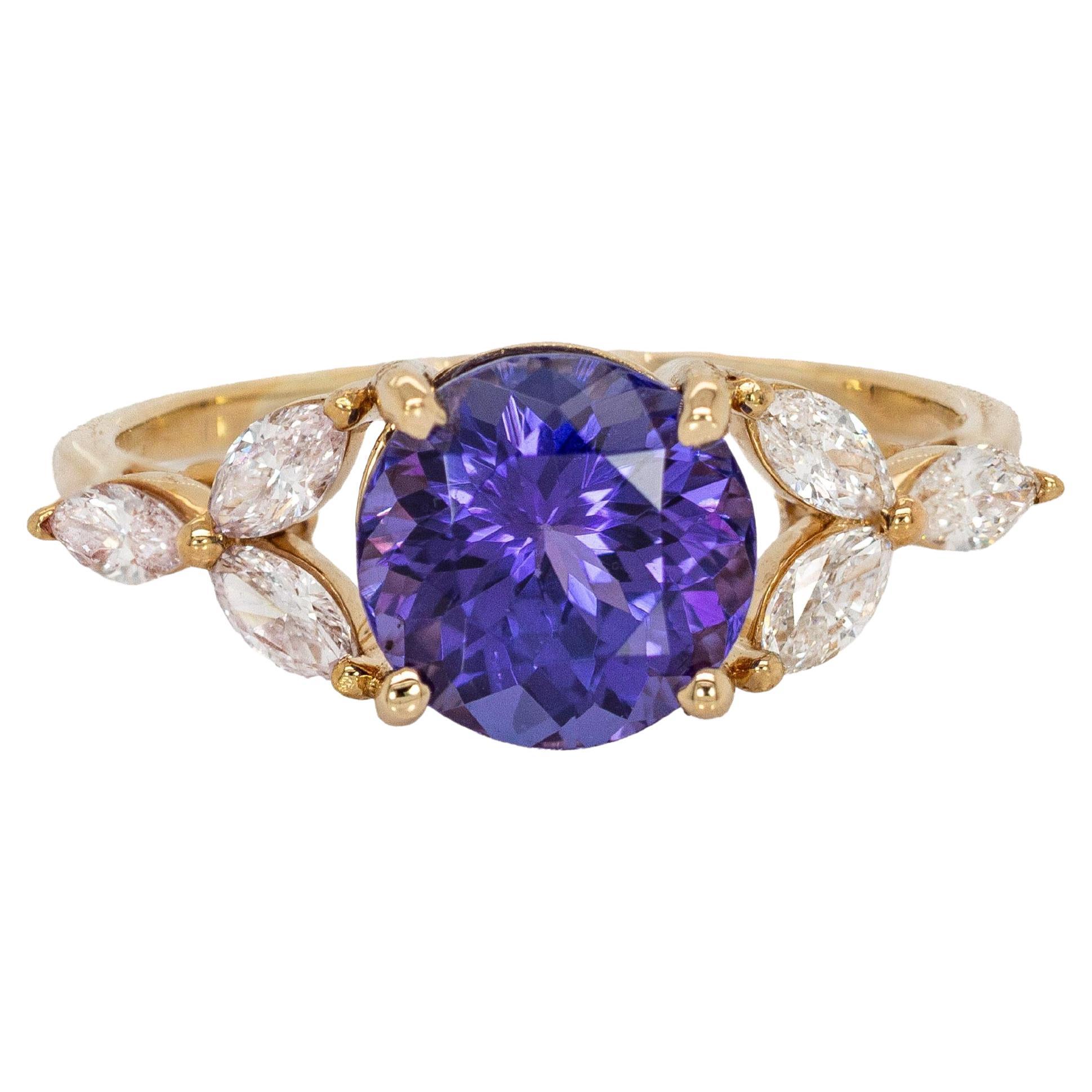 Tanzanite da 2 carati e diamanti naturali in oro giallo massiccio 14K  RD 8 mm in vendita