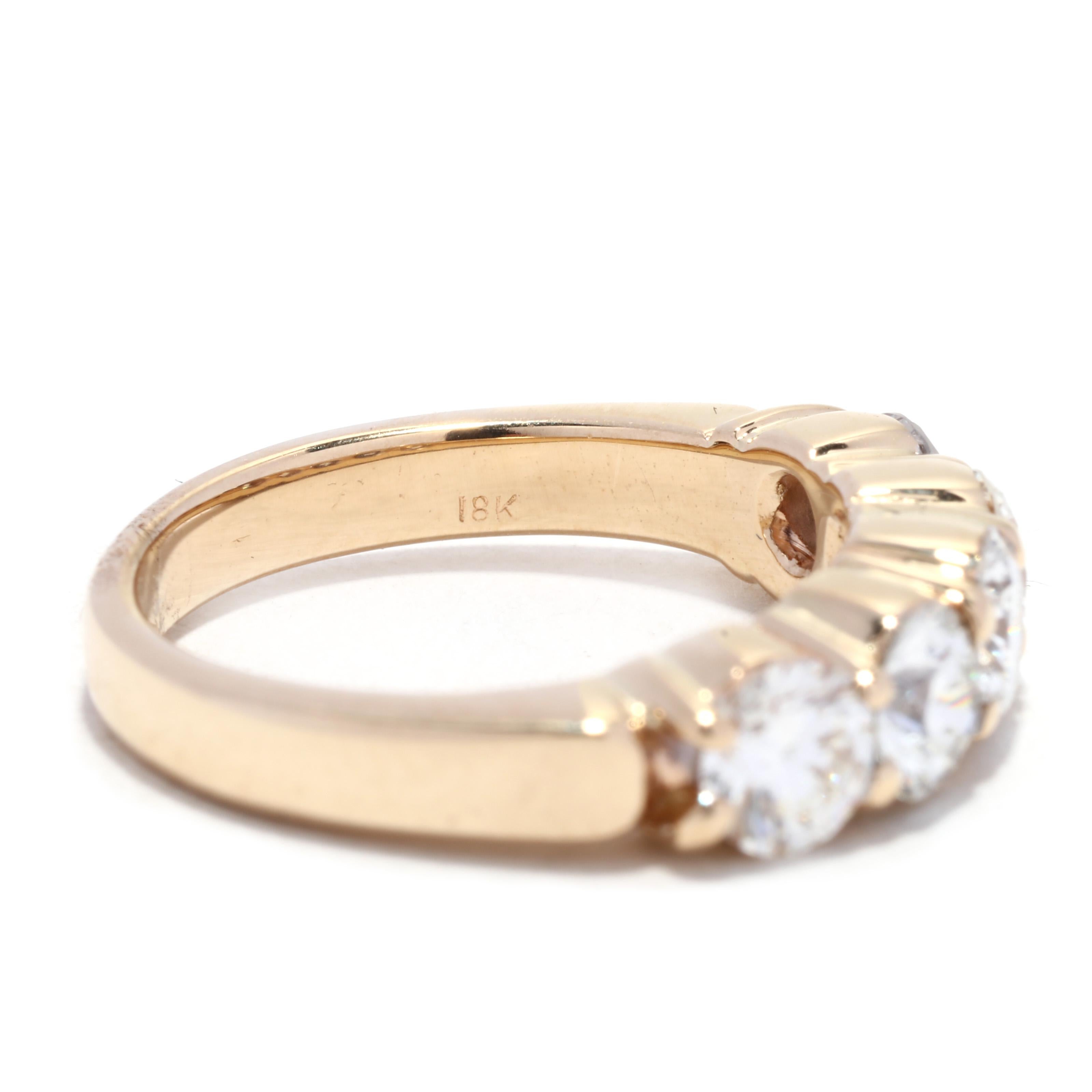 This 18K yellow gold stackable diamond wedding band ring features five shimmering gemstones for a truly radiant look. This 2 carat total weight ring features five diamonds, each with a color rating of G-H and clarity of SI1-SI2, delicately set in an