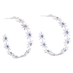 2ctw Sapphire Star Hoop Earrings, 18K White Gold, Funky Hoop