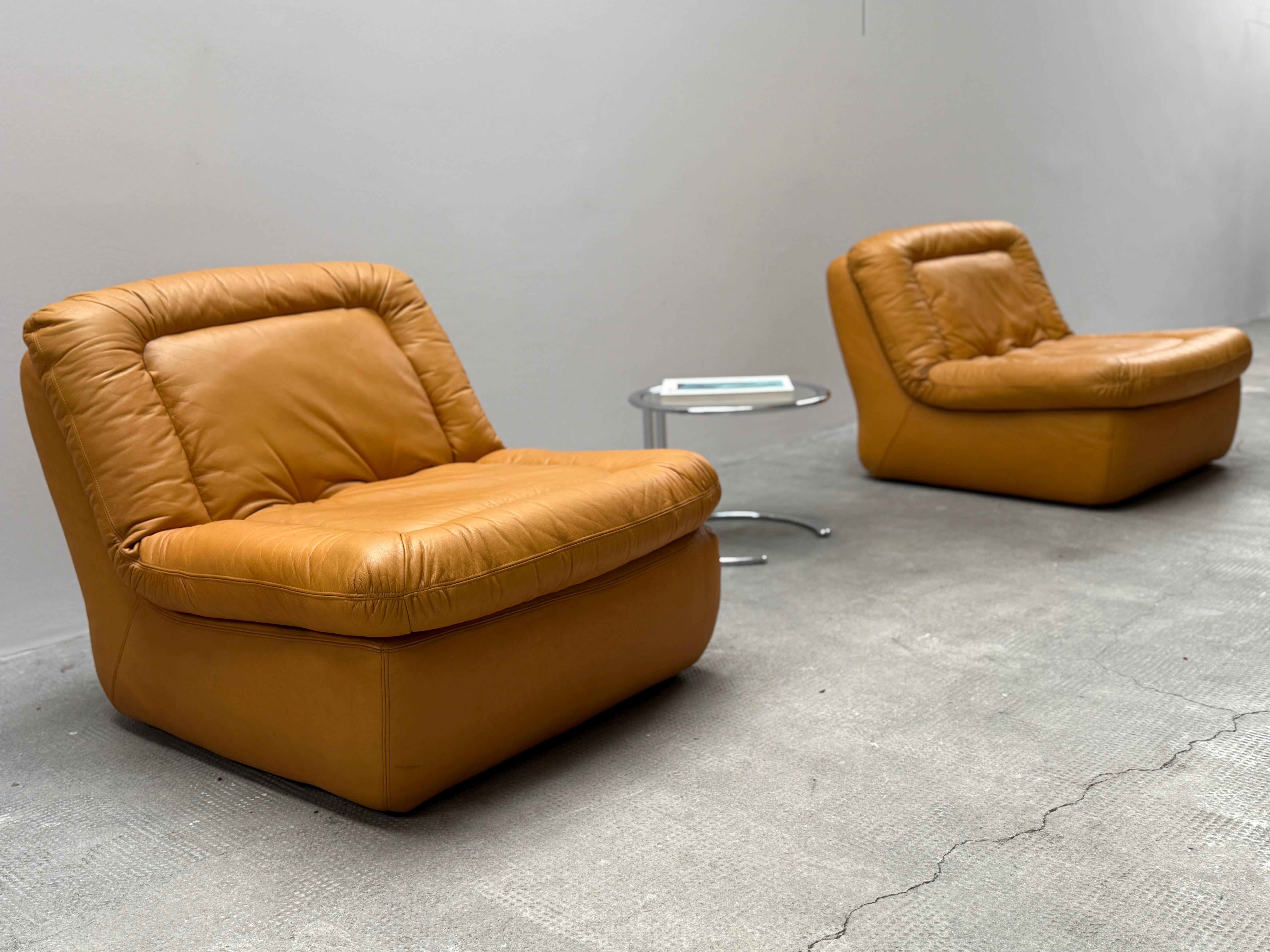 2er Set Dreipunkt Lounge Sessel Leder gelb, Deutschland 1970er Cuero en venta
