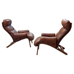 2er Set Elsa & Nordahl Solheim für Rybo Rykken Sessel Leder Teak, Norwegen 1970