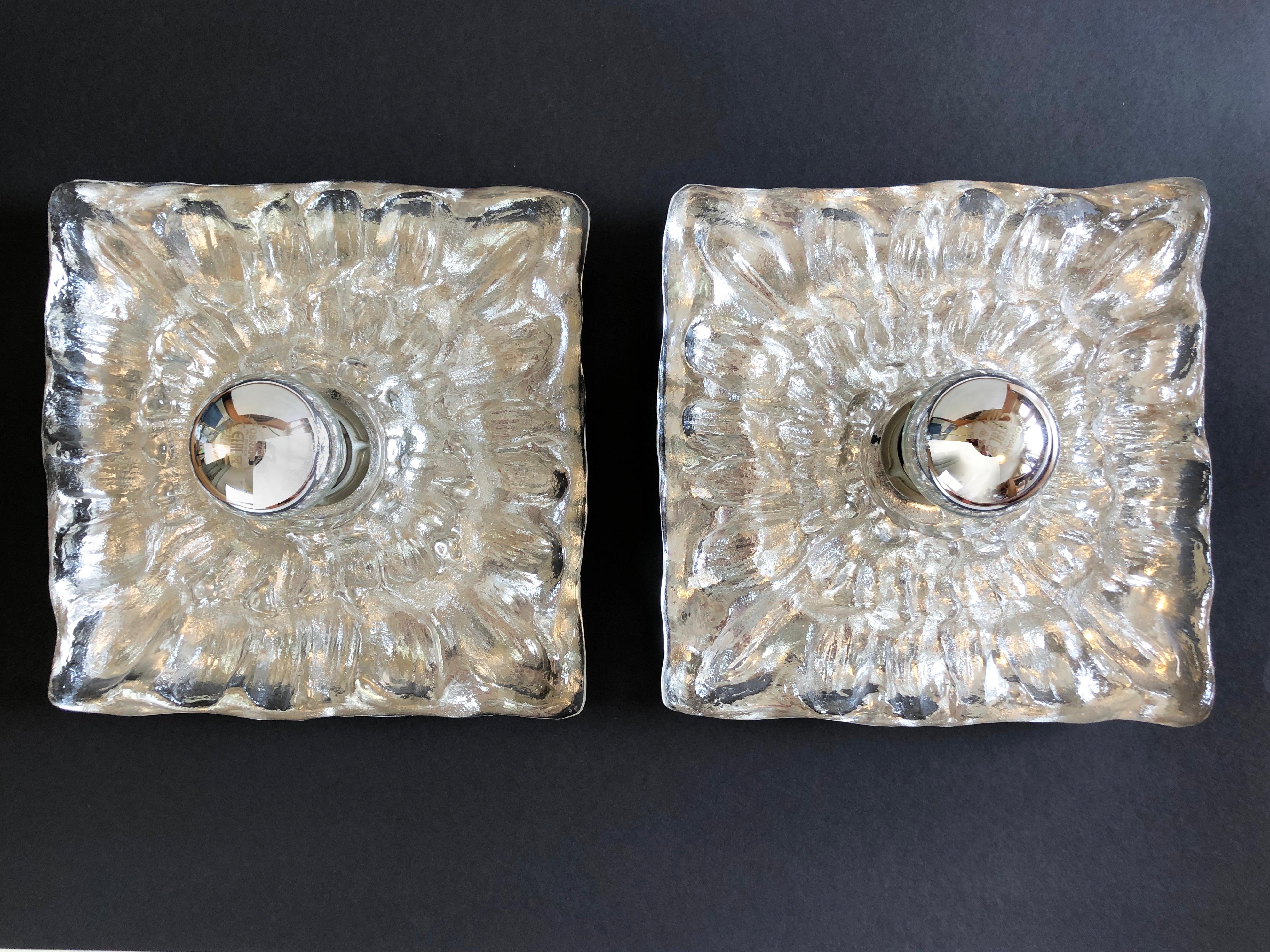 Set of 2 Ice Glass Flush Wall lamps or Ceiling lamps, square, Germany, 1960s In Good Condition For Sale In Andernach, DE