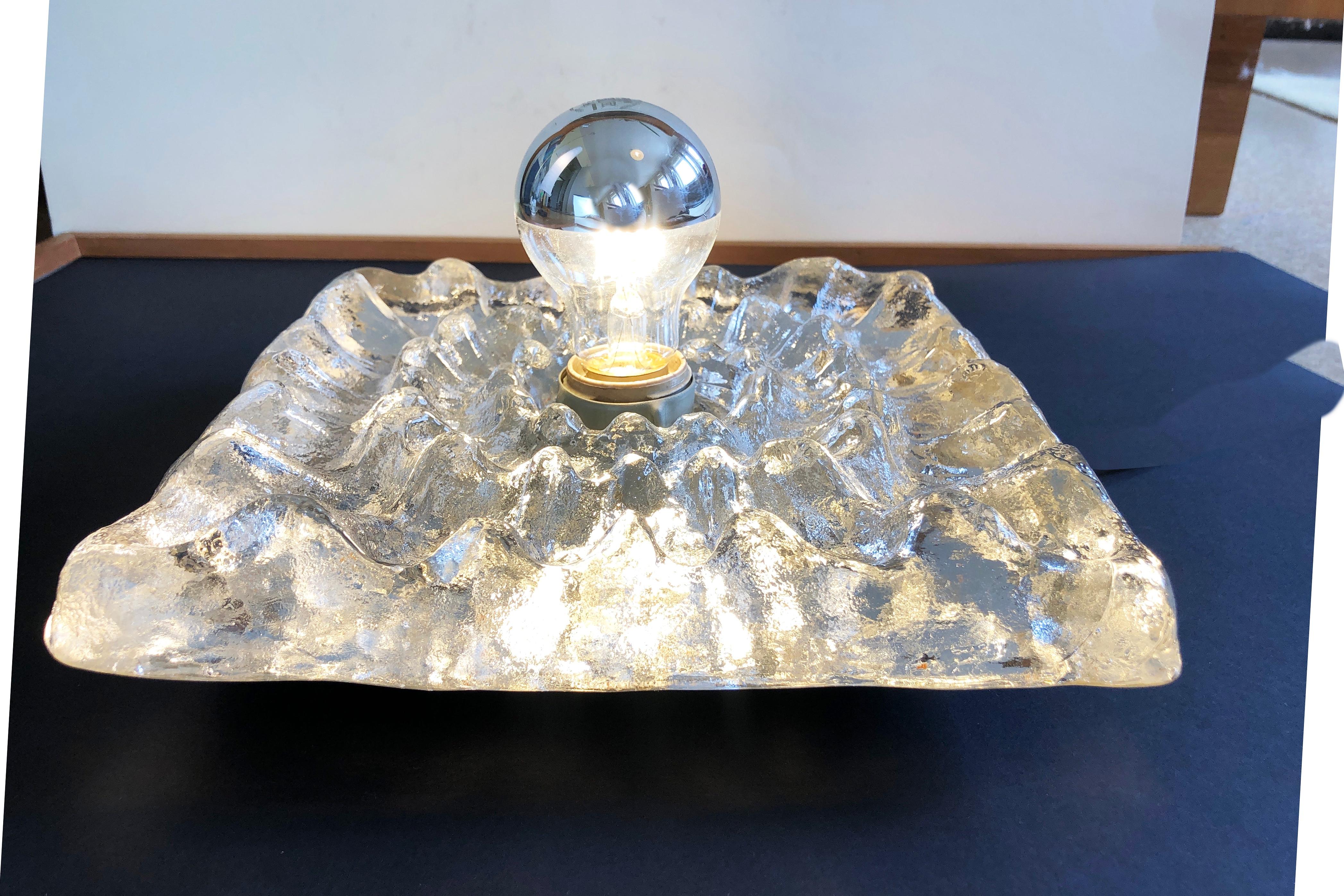Art Glass Set of 2 Ice Glass Flush Wall lamps or Ceiling lamps, square, Germany, 1960s For Sale