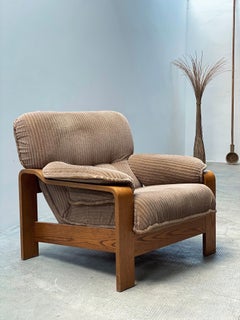 2er Set Sessel & 2-Sitzer Sofa Eiche Bugholz Holz Cord Samt, Frankreich 1970s