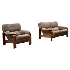 Vintage 2er Set Sessel & 2-Sitzer Sofa Eiche Bugholz Holz Cord Samt, Frankreich 1970s
