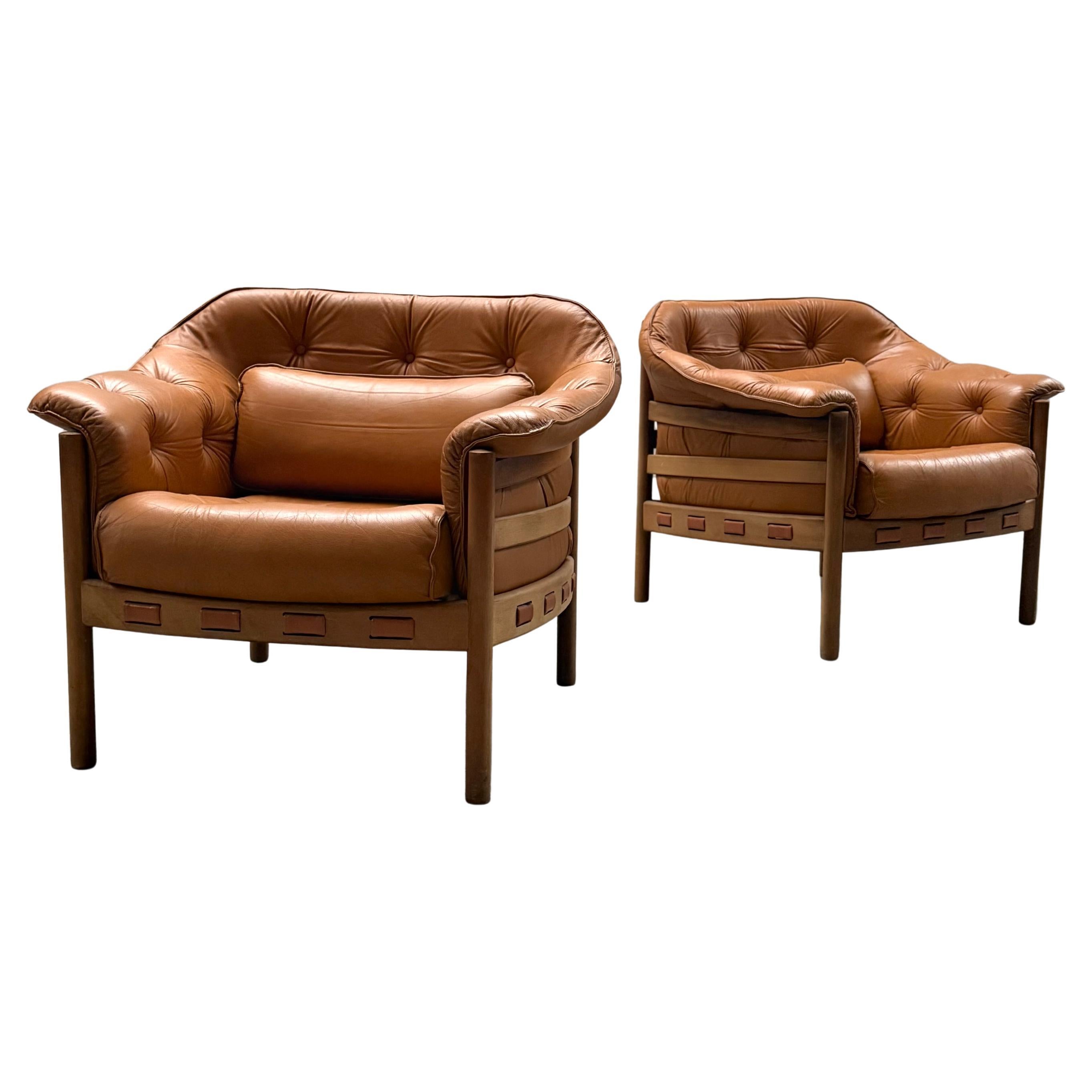 2er Set Sven Ellekaer für Coja Sessel Teak Cognac Leder, Niederlande 1960er