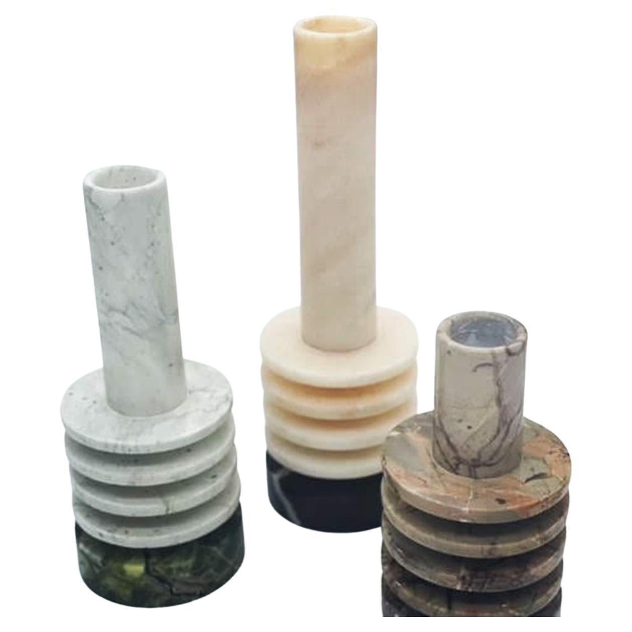2K1M Flames "Conicita" Marble Candle Holders, Set of Three Made in Carrara Italy For Sale