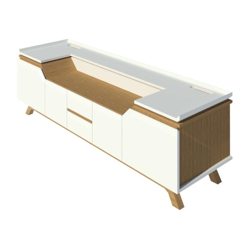 Grooves Sideboard Entertainment Unit High Gloss White Lacquer Oak Natural Finish For Sale