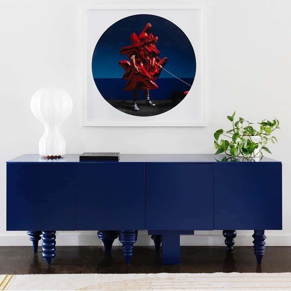 Modern 2M Multileg Cabinet in Blue Glossy Laquer and Glass Top Finish For Sale
