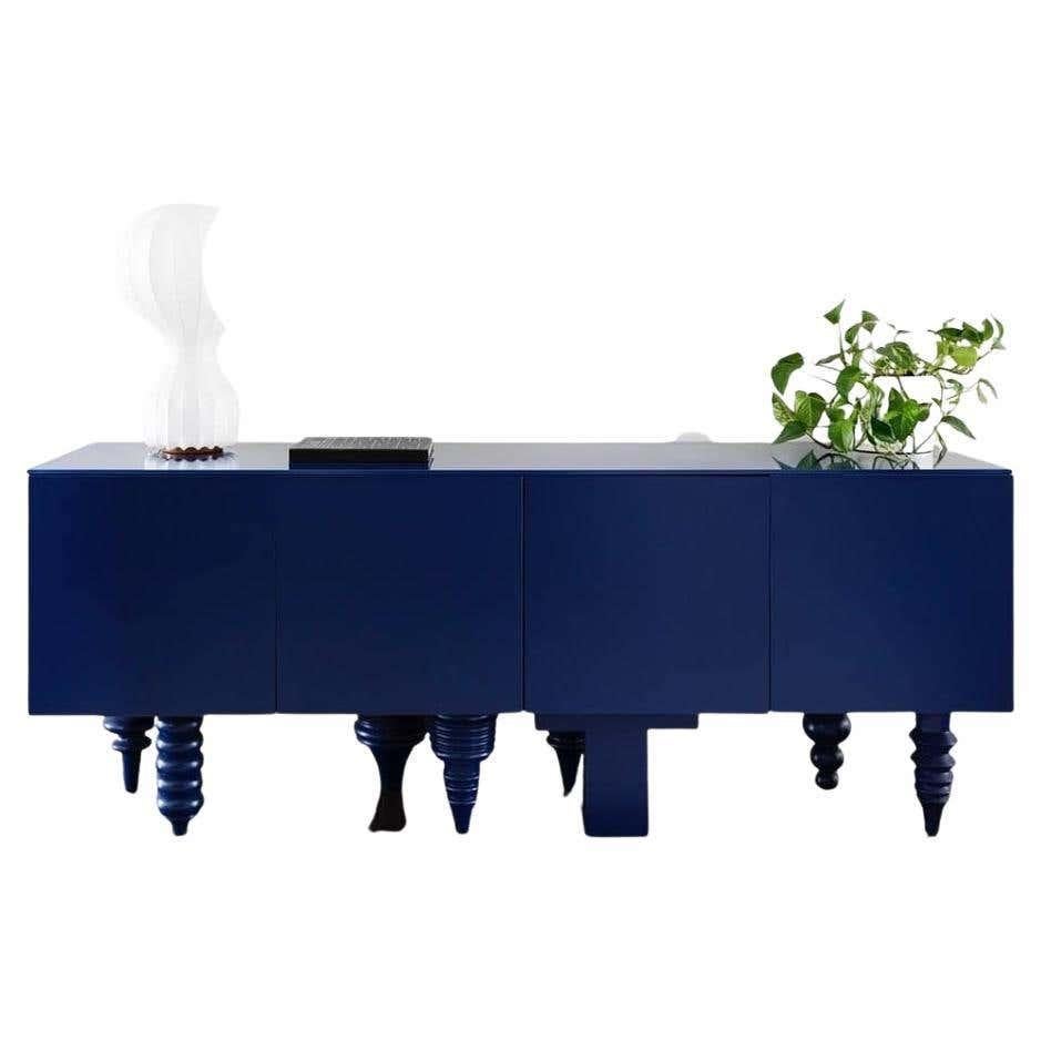 2M Multileg Cabinet in Blue Glossy Laquer and Glass Top Finish For Sale