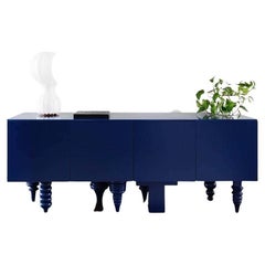 2M Multileg Cabinet in Blue Glossy Laquer and Glass Top Finish