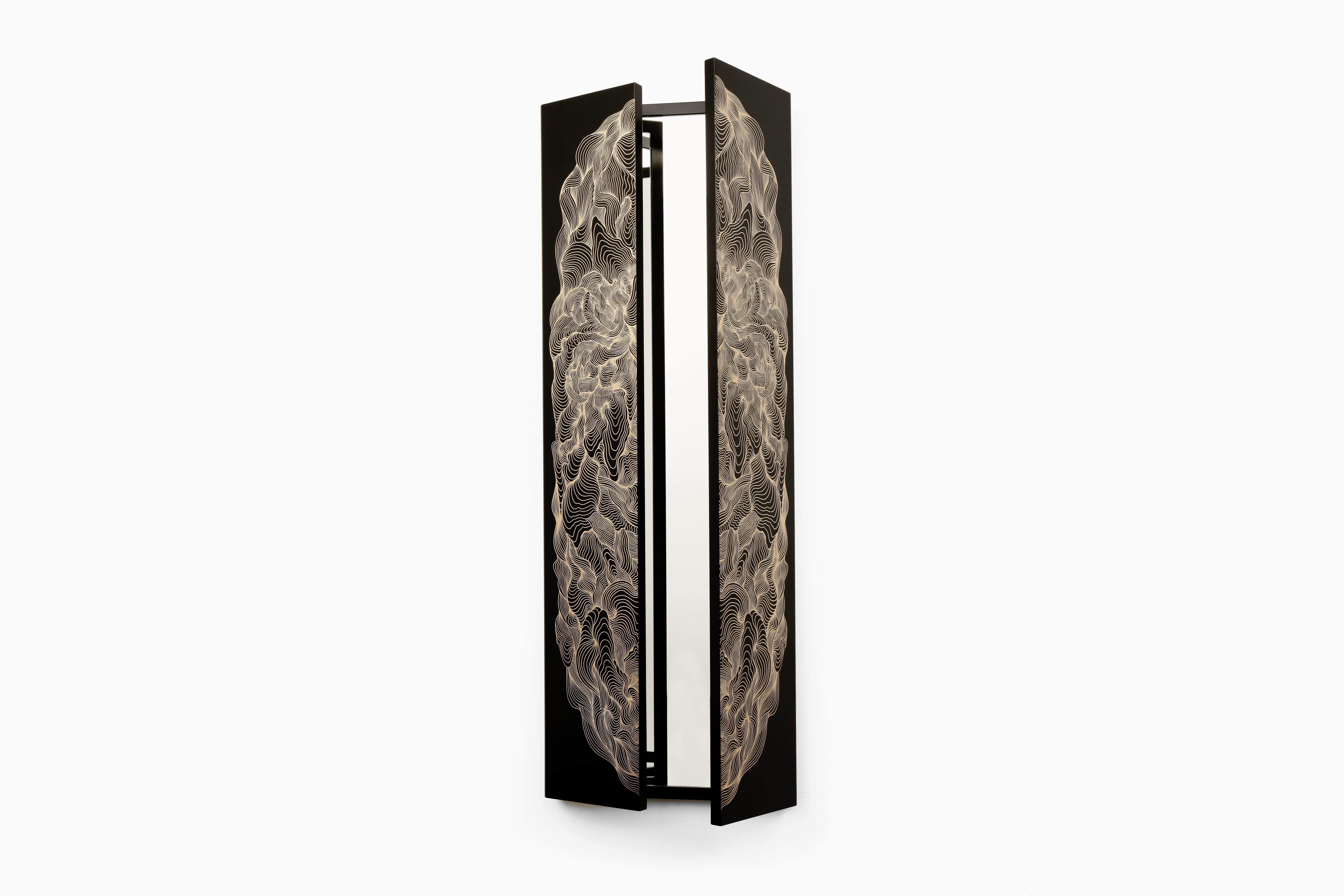 Laccato 2_Specchio Trittico Chinoiserie Specchio Portales nero e oro di Joan Tarragó in vendita