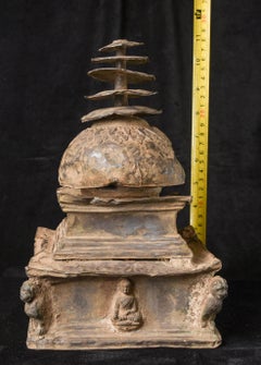 2nd–7thC Cast Silver Gandharan Stupa with Buddhas on Each Side. Authentic, Large