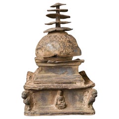 2nd–7thC Cast Silver Gandharan Stupa with Buddhas on Each Side. Authentic, Large