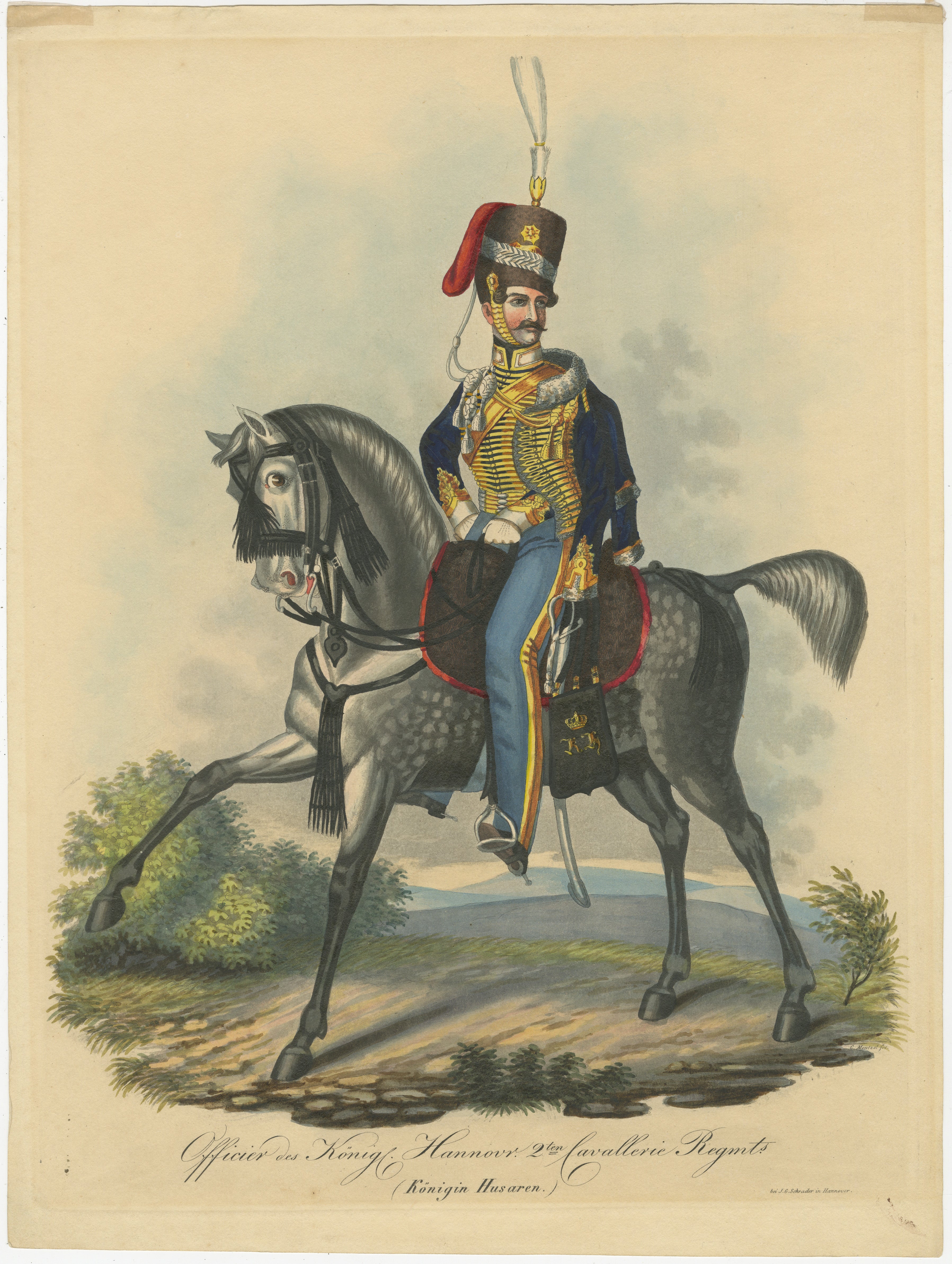 This hand-colored lithograph from the 19th century depicts an officer from the King's German Legion, specifically the 