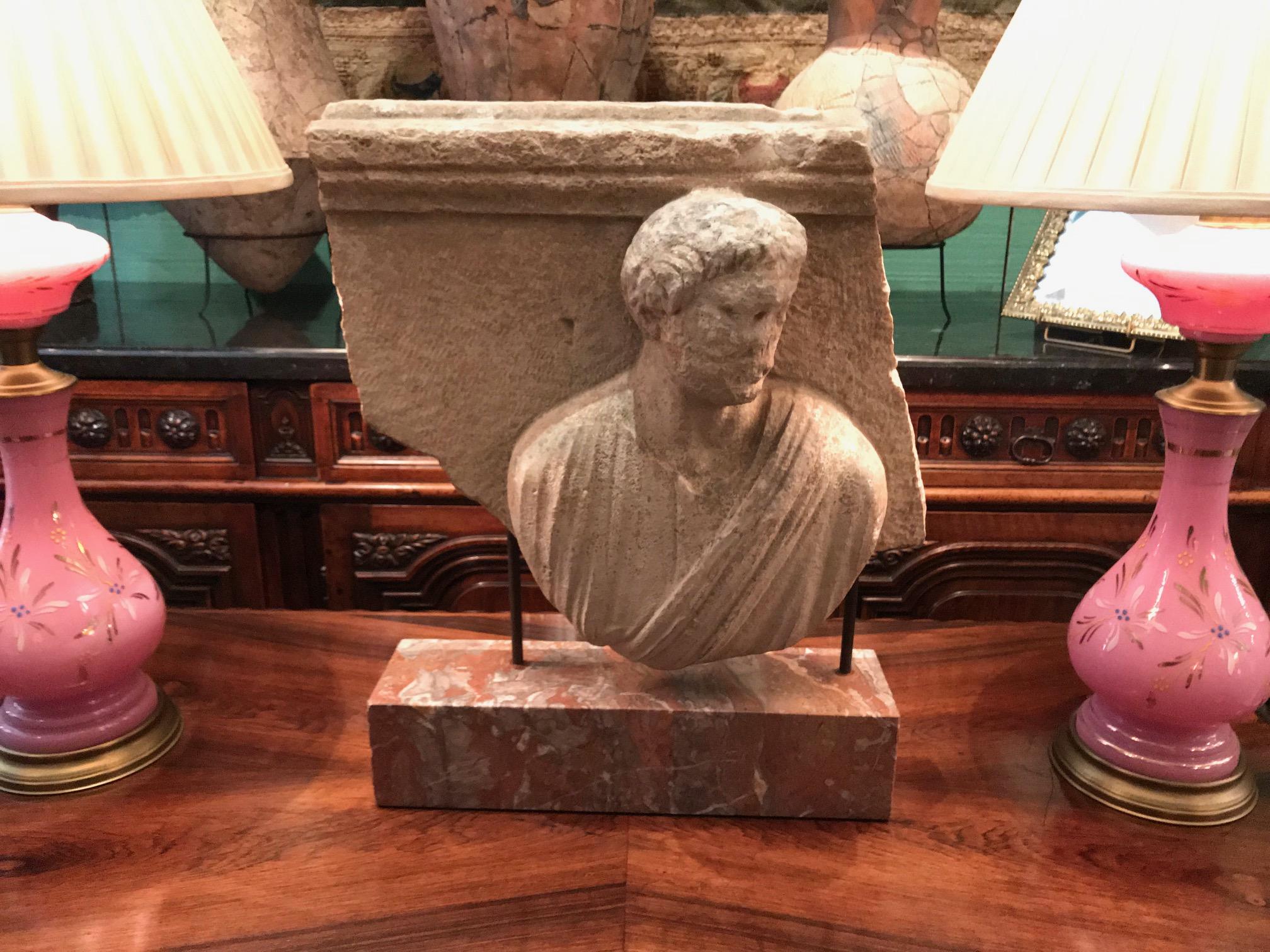 ------ Short time sale on this important item --------
Large and rare 2nd century Italian hand carved stone sculpture Roman relief of an Aristocrat man mounted Antiques LA Private collector. This piece will be the signature to your entryway office