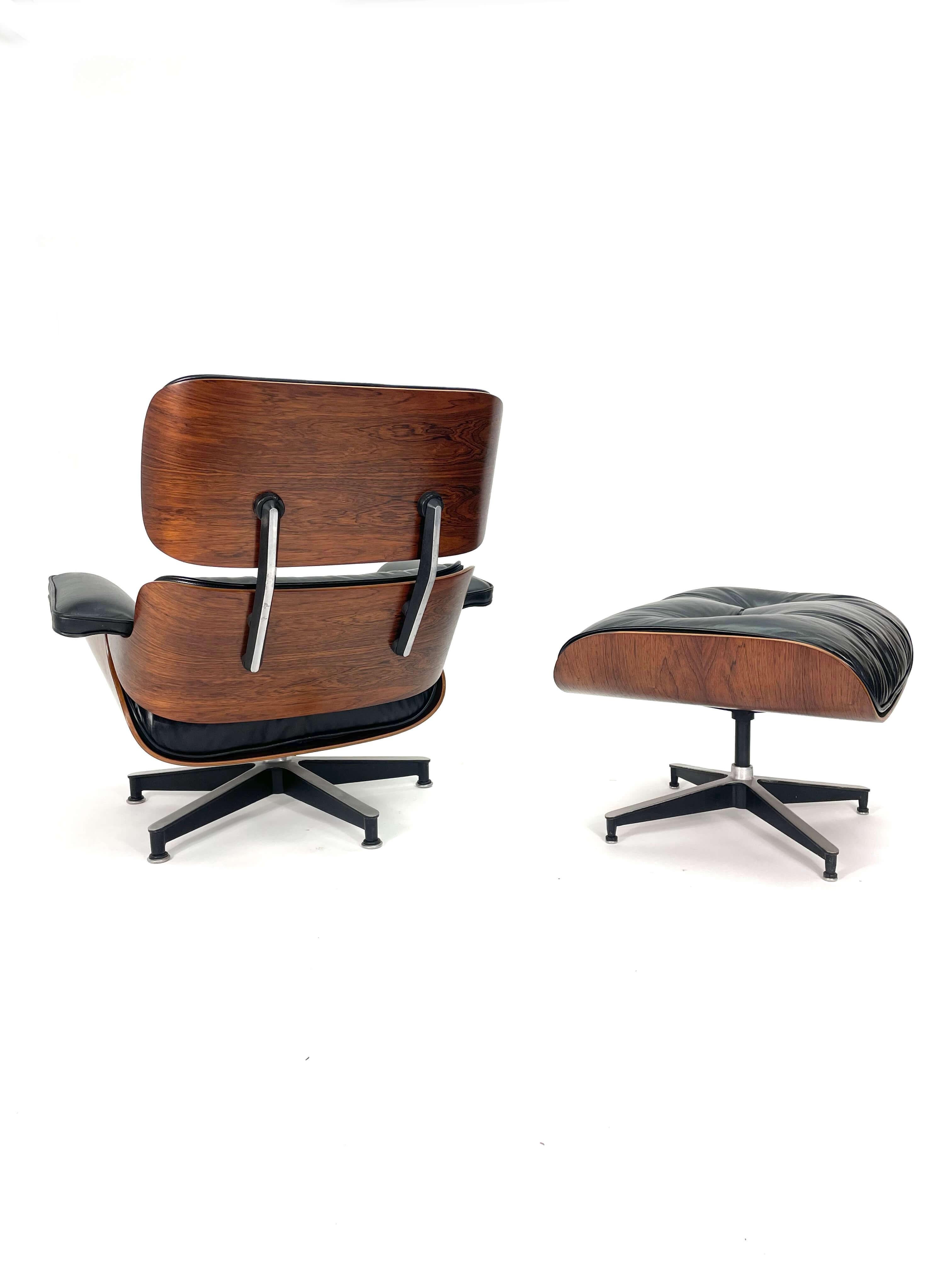 This 1960's Eames Lounge Chair in Rosewood and Ottoman for Herman Miller is a collector's item. This chair was designed to be a refuge from the strains of modern living. This is a vintage chair dating back to the 1960s. We can't pinpoint the exact