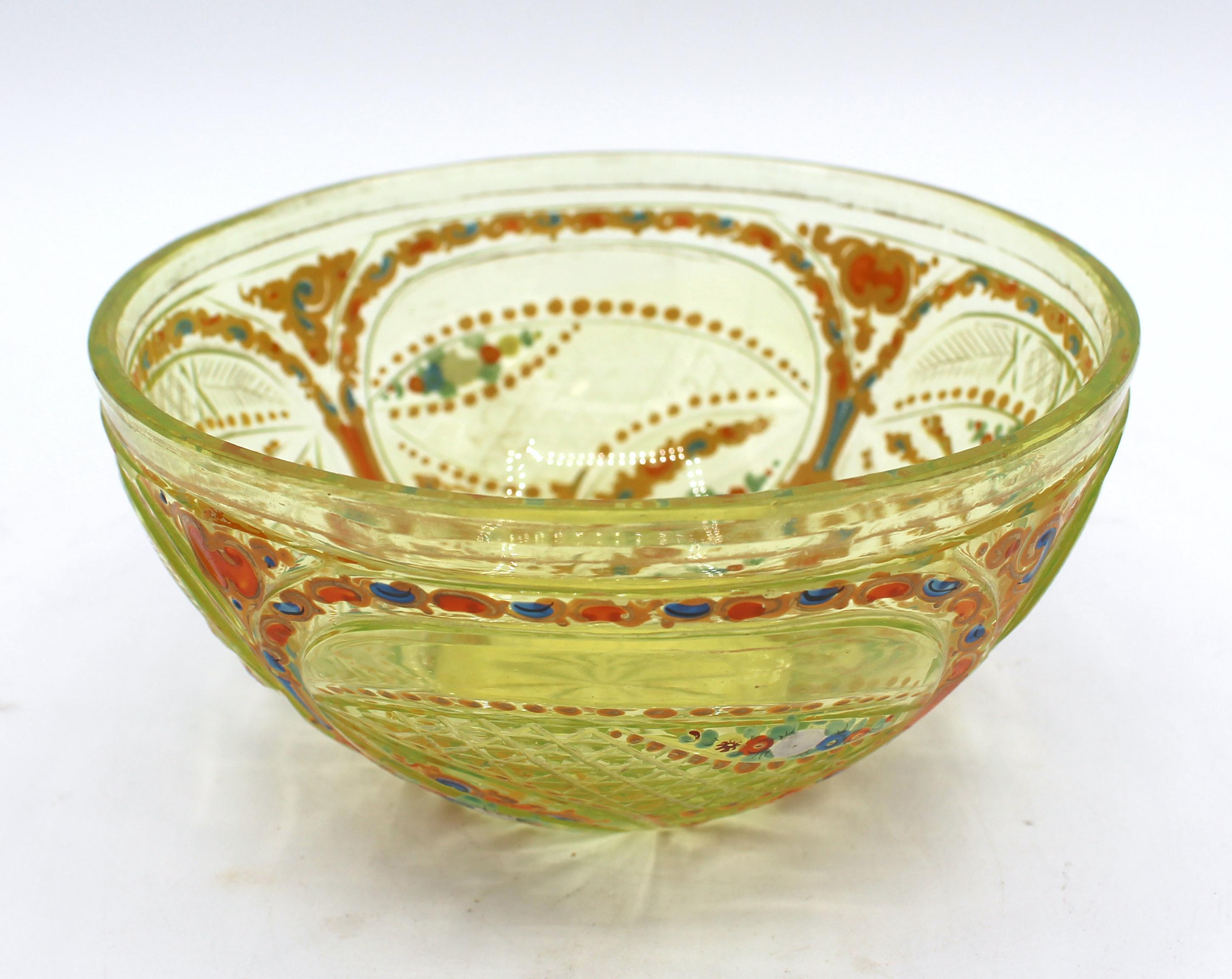 2nd half 19th century Bohemian vaseline glass  (also called Uraline or Ouraline glass) open sauce bowl. Blown & cut, then enameled & gilded. Gilt border rubbed. 5.5