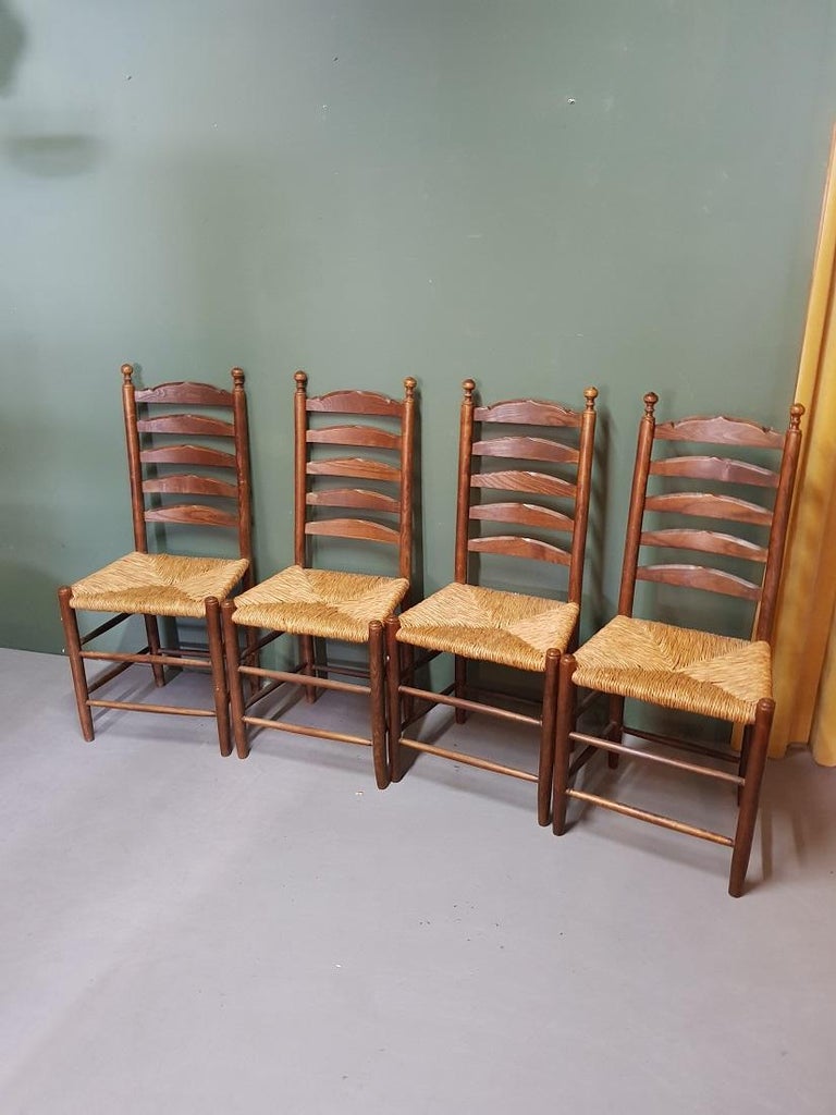 20th Century Dutch Wooden Rural Farmers Dining Chairs and Wicker Seats