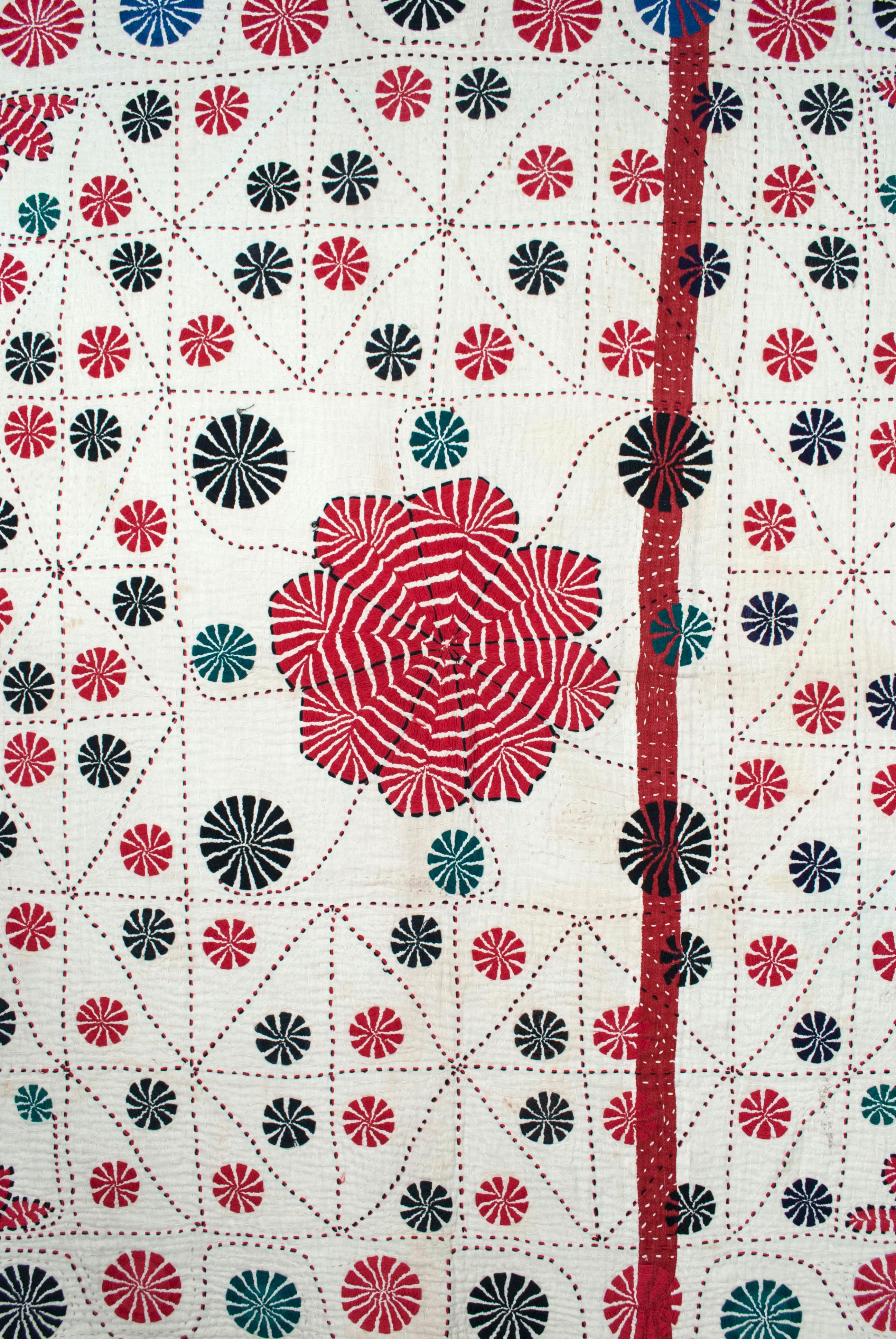 2nd quarter 20th century Indian kantha wrapping cloth

This kantha cloth presents an ordered yet whimsical arrangement of rosettes on a quilted white cotton ground, and would likely have been used as a wrapping cloth in the Bengal area of