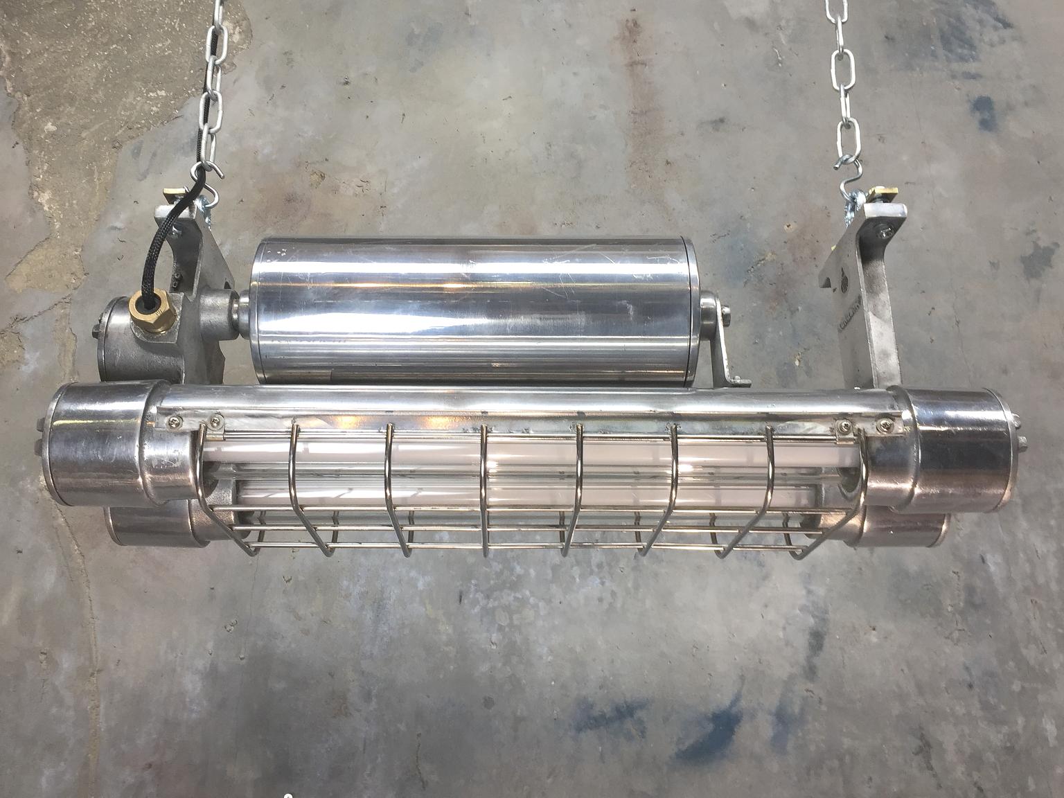 Late 20th Century Japanese Aluminum Flameproof Strip Light, Brass Fittings and Chrome Cage For Sale