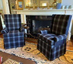 2oth C. A Pair of Custom Upholstered Armchairs in Scottish Wool Plaid and Velvet