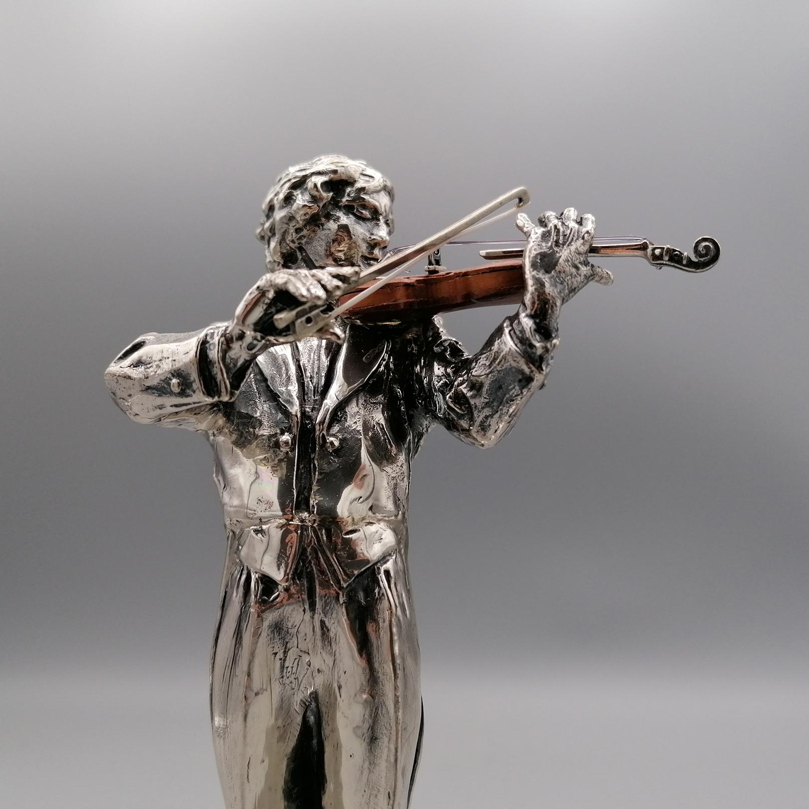 2oth Century Italian Solid Silver Violinist statue with wooden violin For Sale 4