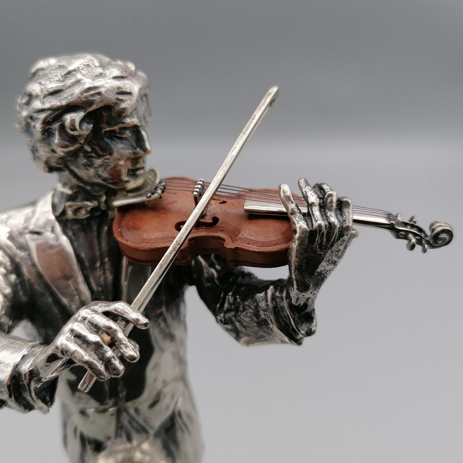 2oth Century Italian Solid Silver Violinist statue with wooden violin For Sale 5