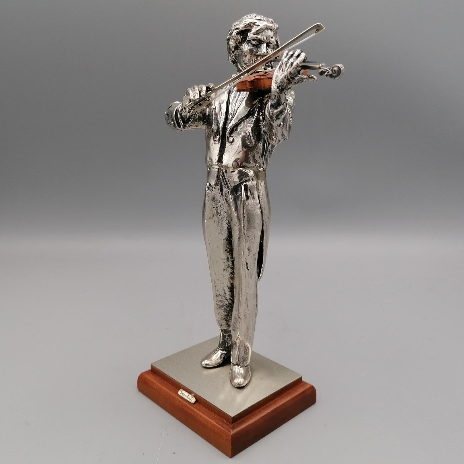 Cast 2oth Century Italian Solid Silver Violinist statue with wooden violin For Sale