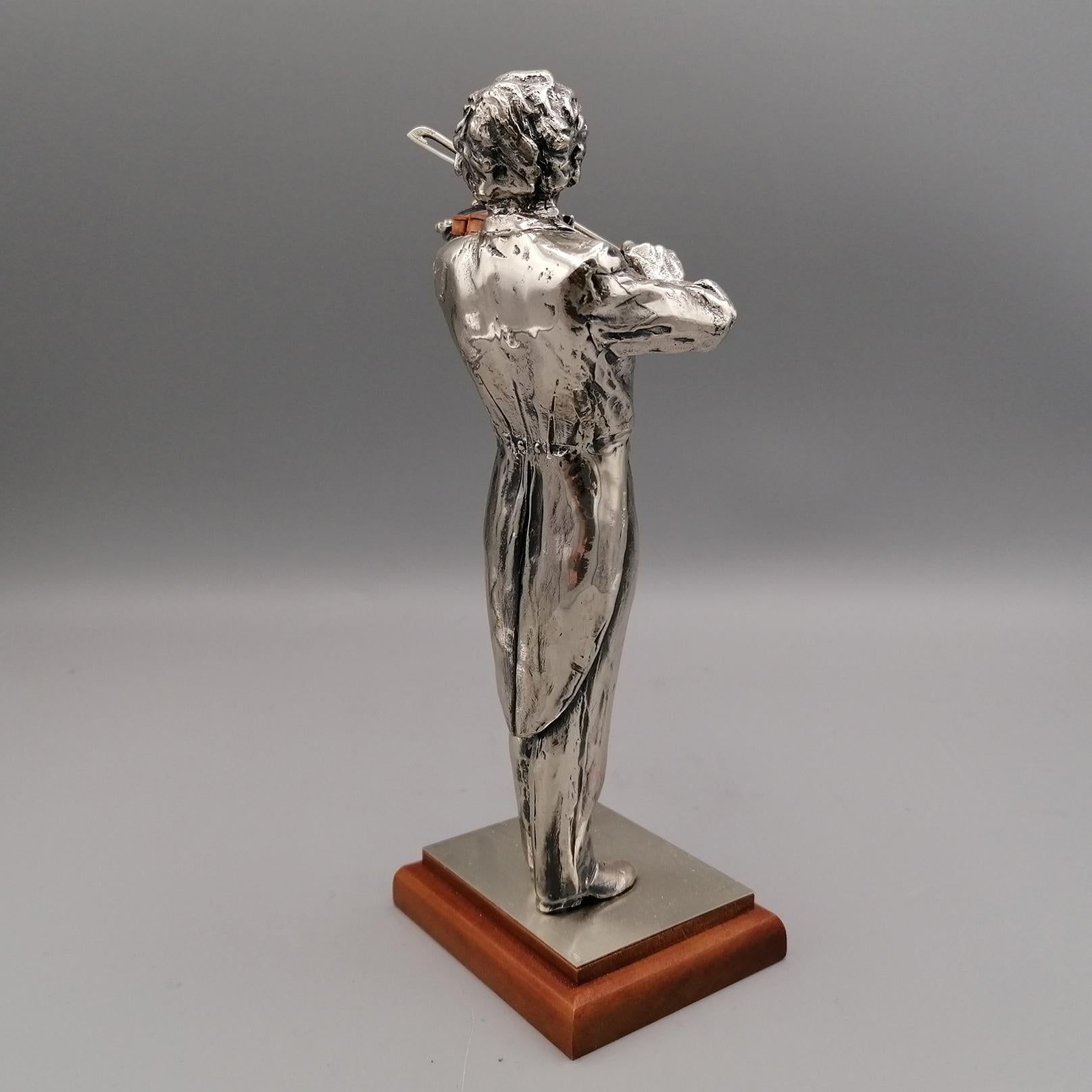 Late 20th Century 2oth Century Italian Solid Silver Violinist statue with wooden violin For Sale