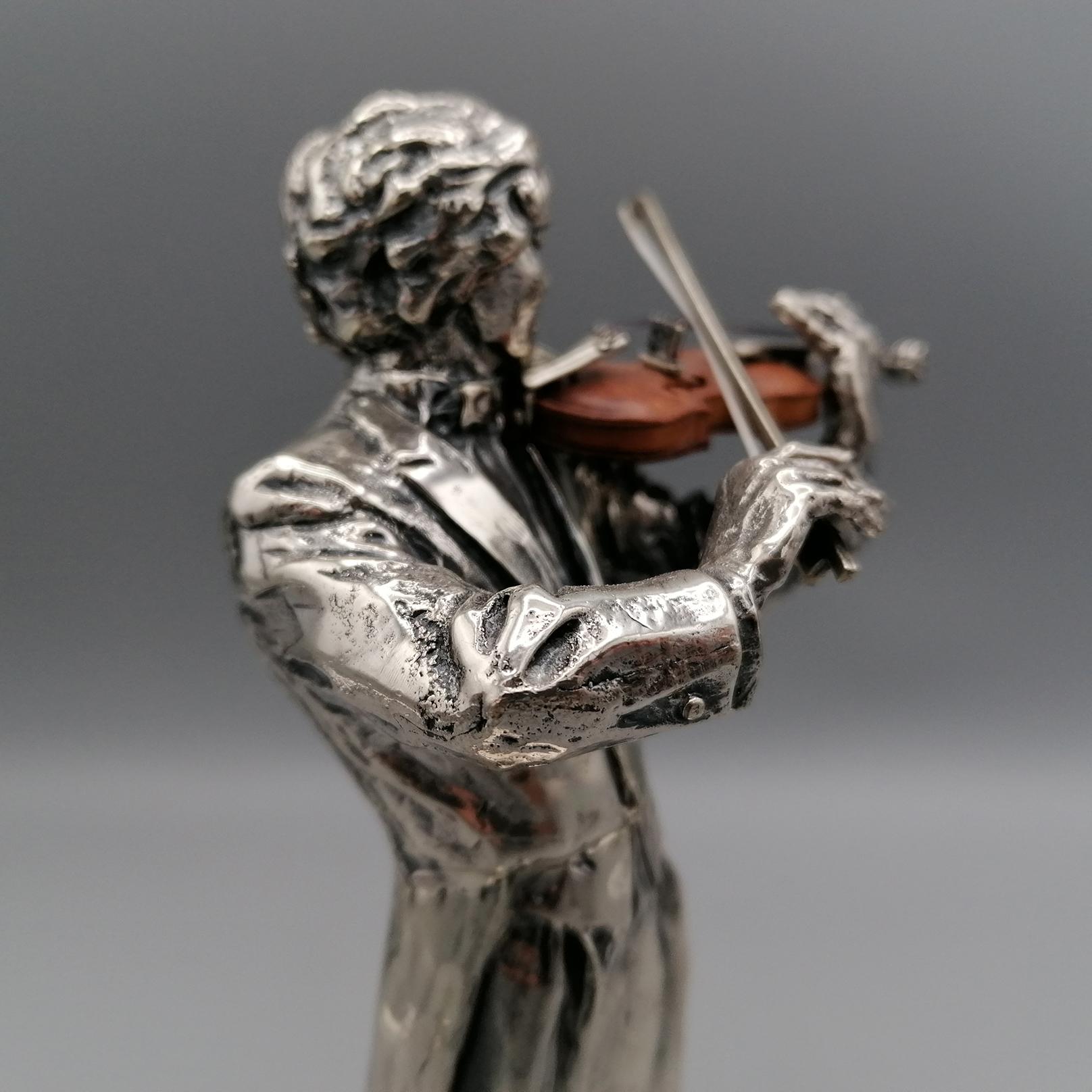 2oth Century Italian Solid Silver Violinist statue with wooden violin For Sale 1